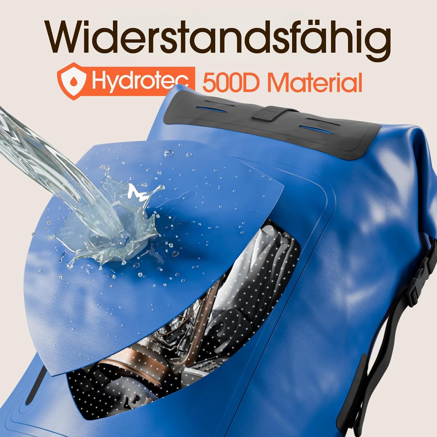 Wasserdichter Rucksack mit Rollverschluss und Handyhülle, 55L Blau