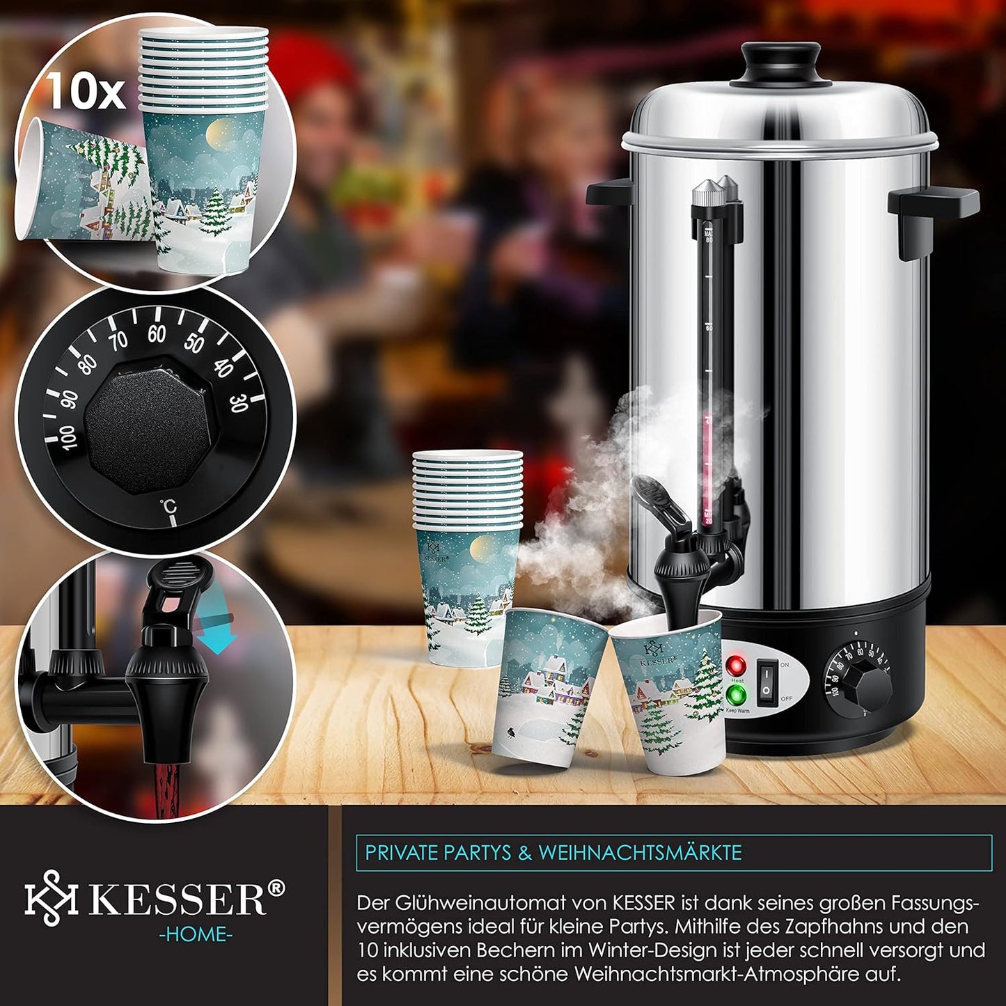 Glühweinkessel mit Thermostat und Zapfhahn inkl. 10x Becher, 8 Liter / Silber