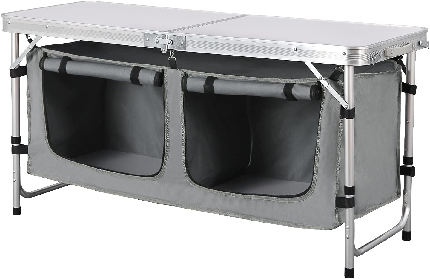 Faltbarer, höhenverstellbarer Campingtisch mit Stauraum, Weiß+grau
