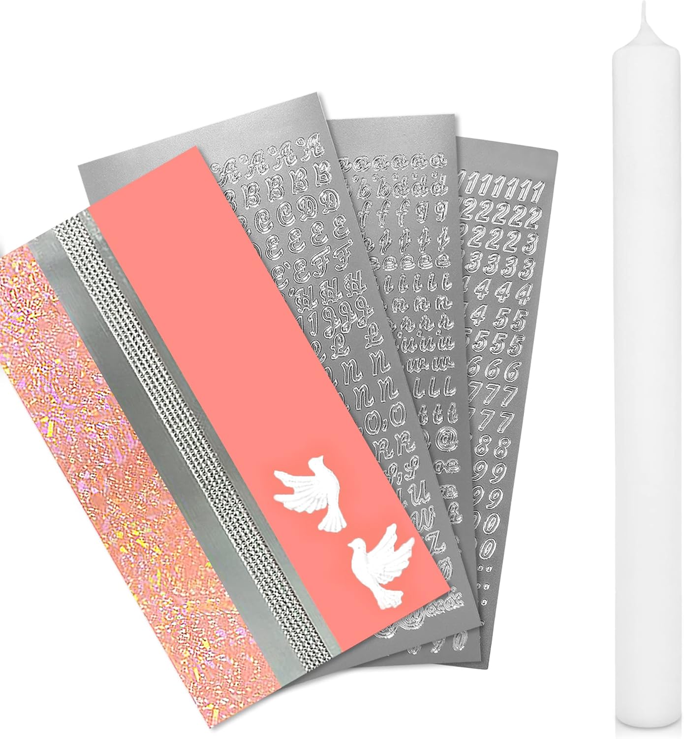 Kerzen-Rohling Set zur individuellen Gestaltung, Rosa mit Taube Kerze 40x4 cm | Weiss