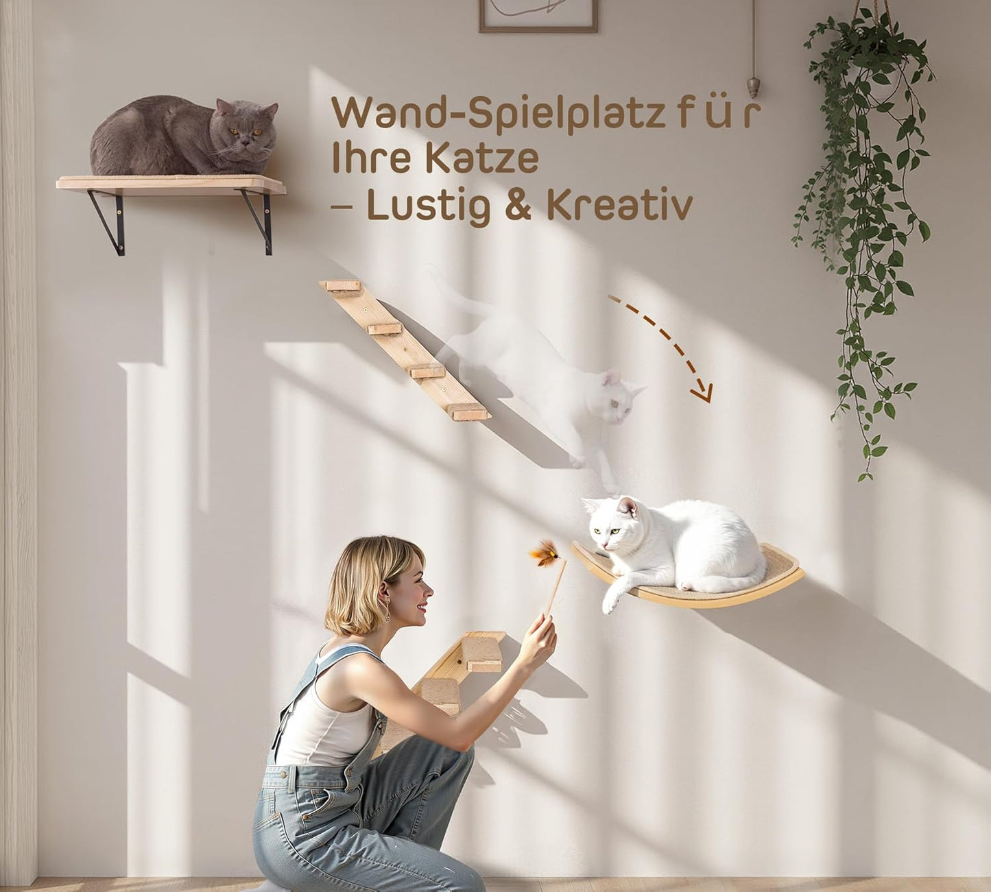 Katzen-Kletterwand Set mit Plattformen und Regalen, Gelb 2PC Vier Stufen + 2PC Katze Wandregal