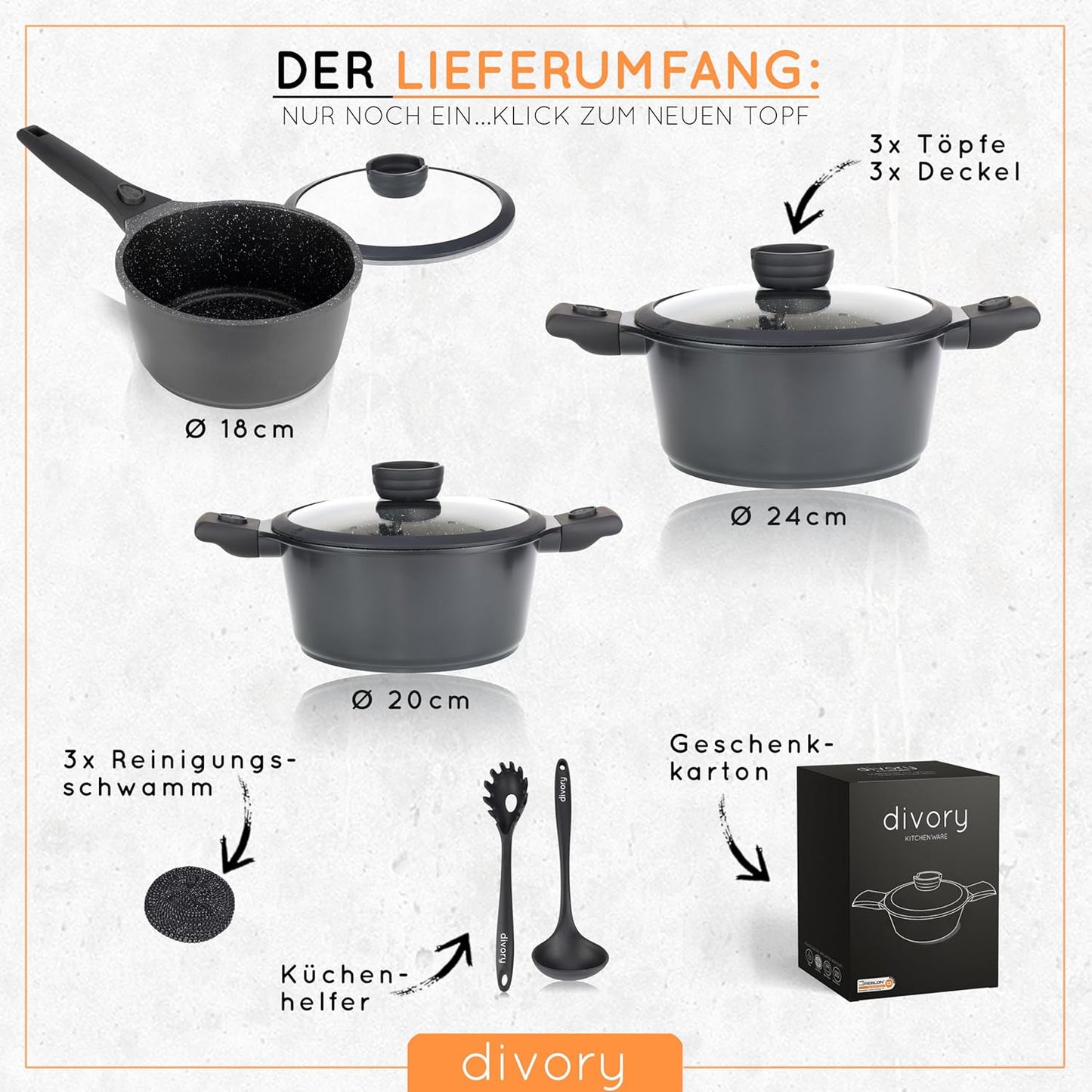 Topfset mit abnehmbaren Griffen (8-teilig), Schwarz Topfset (18/20/24cm)