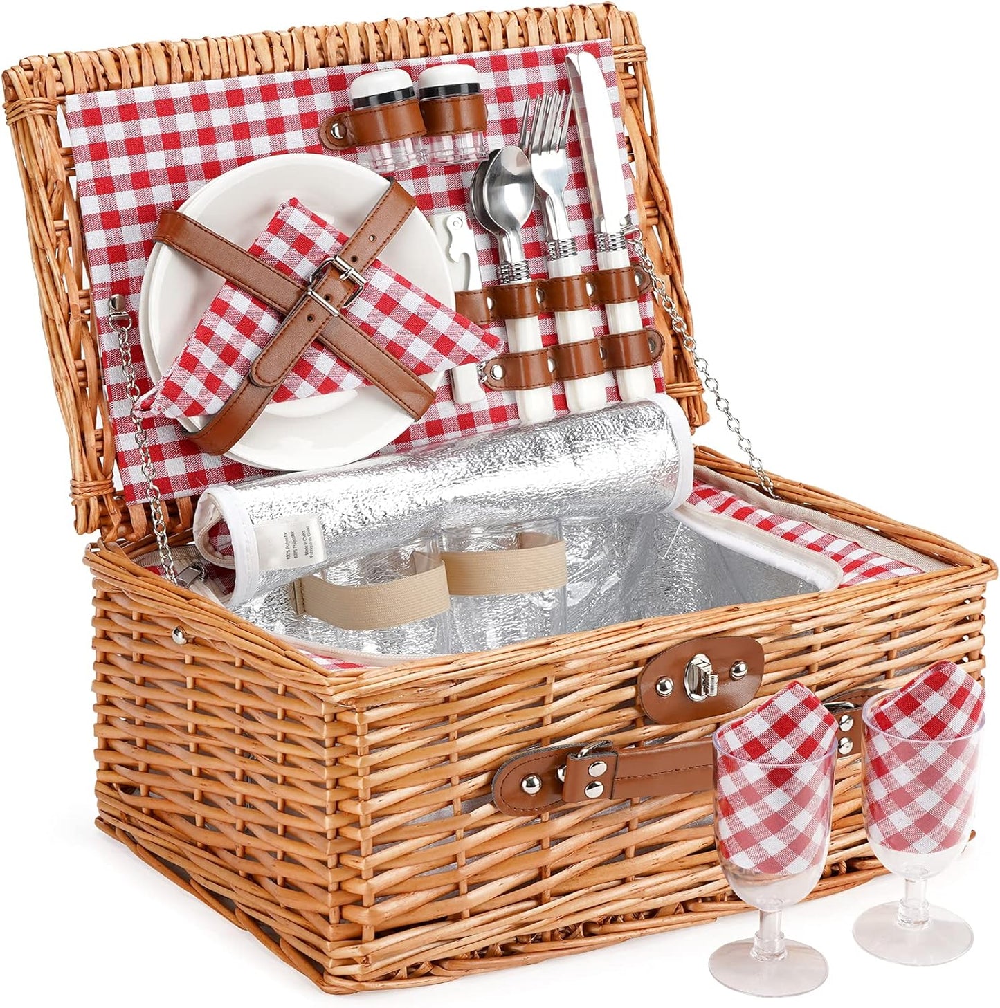 Picknickkorb mit Kühlfach für 2 Personen, Rot Kariert