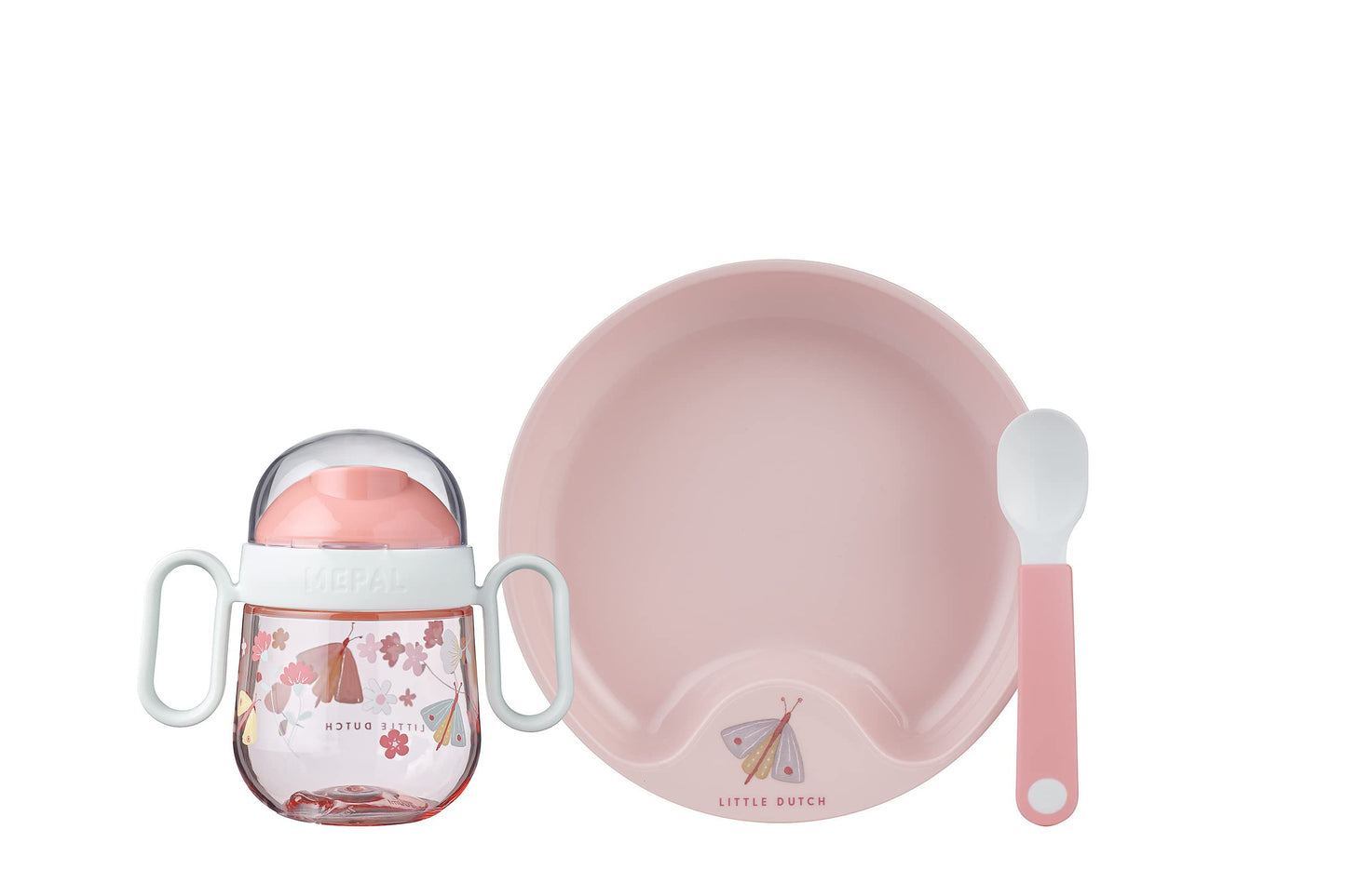 Babygeschirrset mit Trinkbecher, Teller & Löffel, Old Babygeschirr Set Flowers & Butterflies