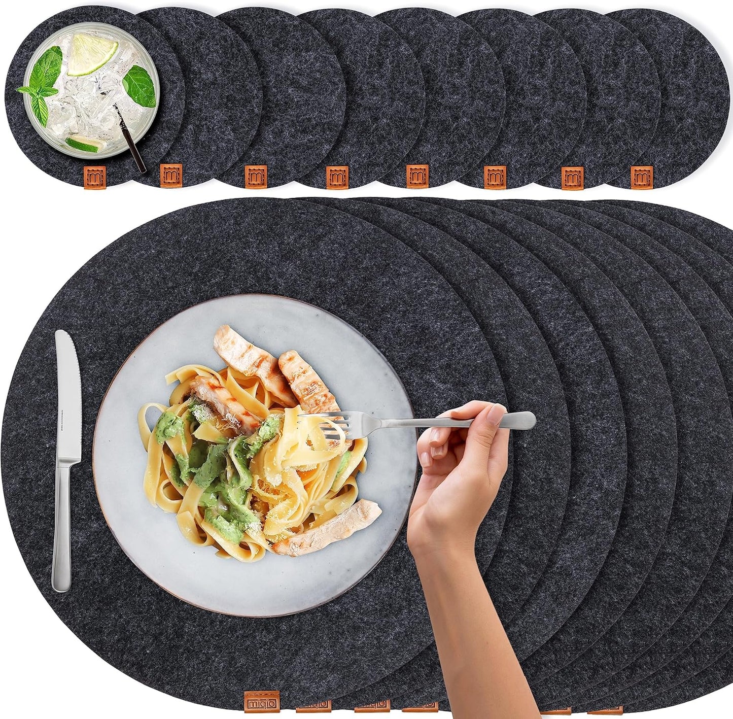 Runde Filz-Tischsets mit Glasuntersetzern, 8er-Set mit Zubehör Dunkelgrau / Rund