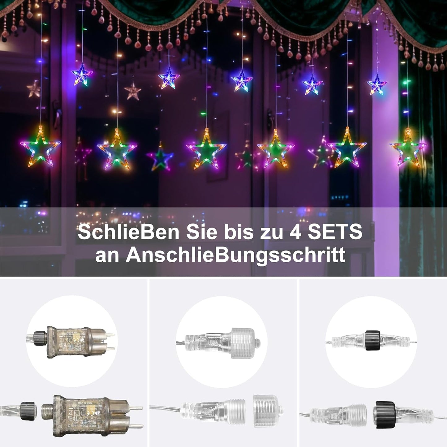 LED Sternenvorhang 3M mit Timer und Fernbedienung, Bunt 12 Sterne