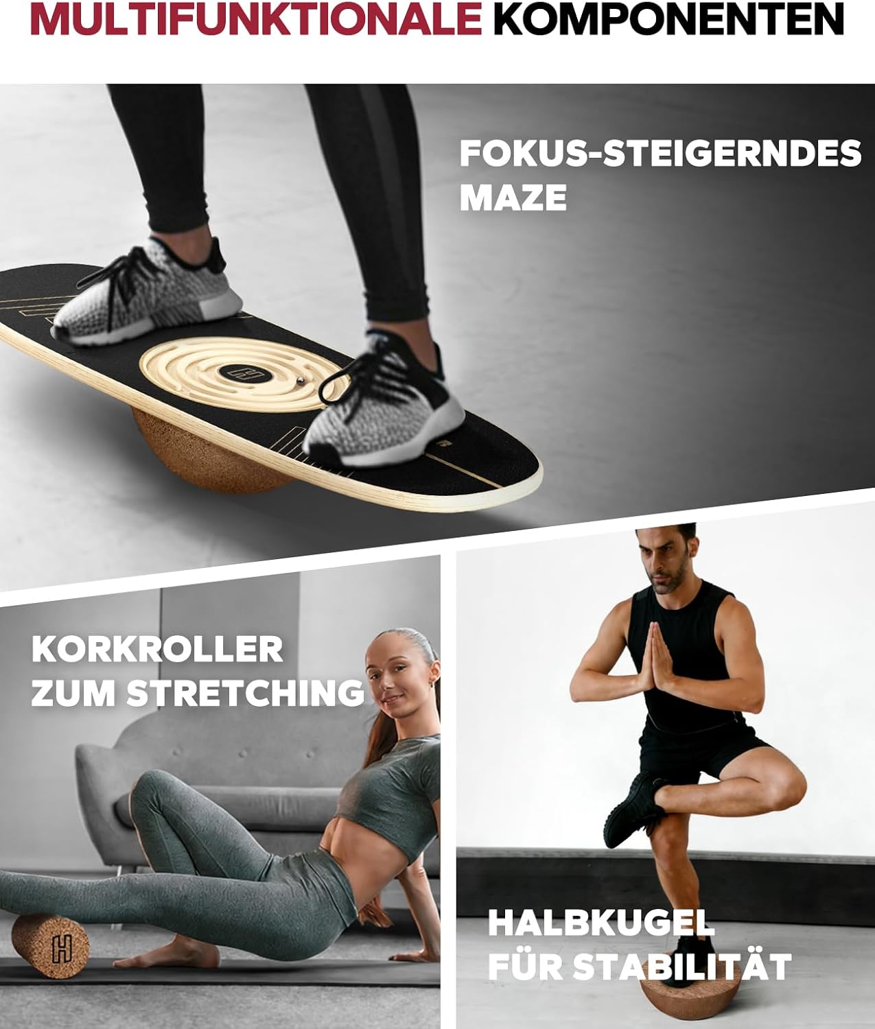 Labyrinth Balanceboard mit Korkrolle & Halbkugel, Schwarz / Holzfarben
