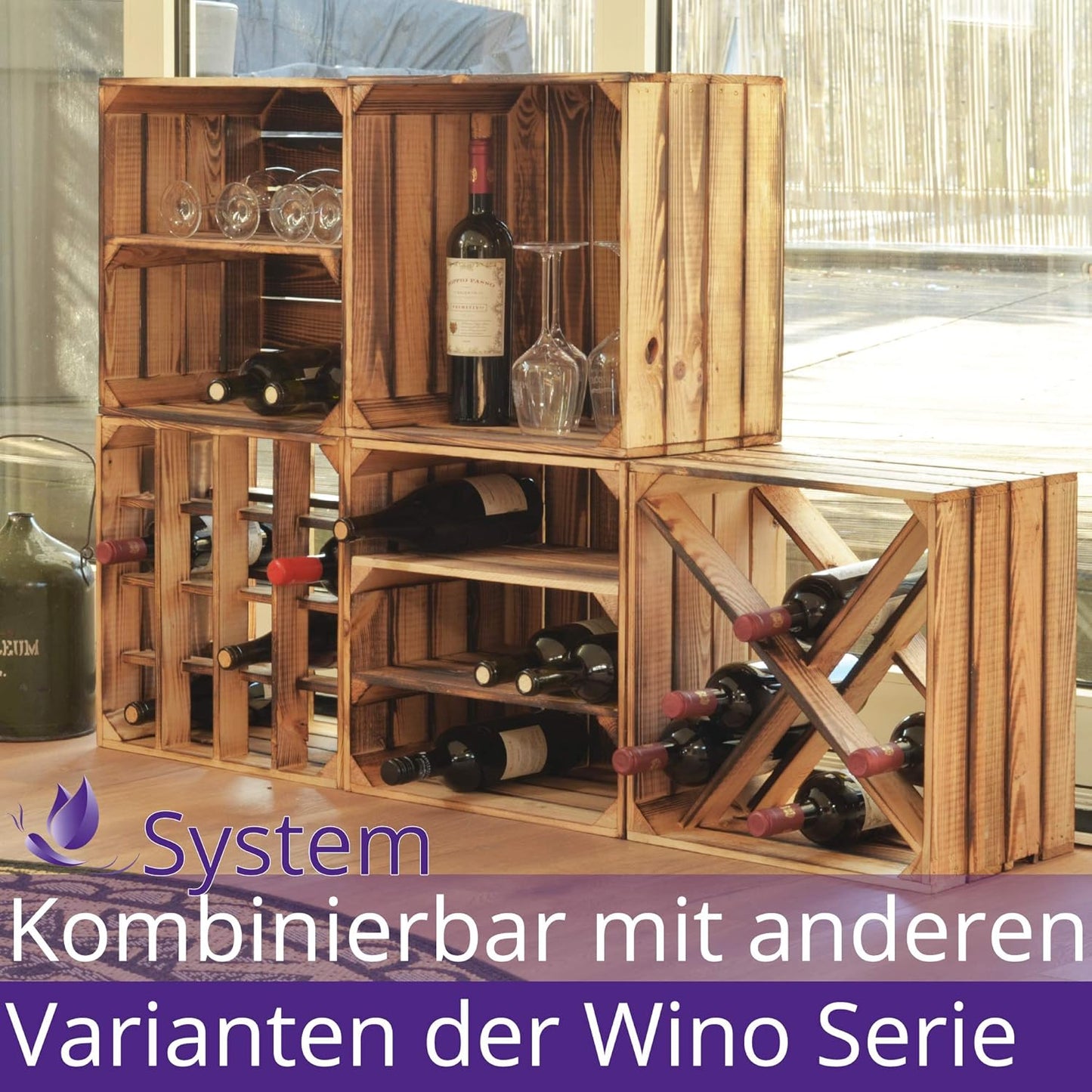 Weinregal aus Holz - Geflammte Holzkisten (2 Stück), 1 2x Geflammt Regal