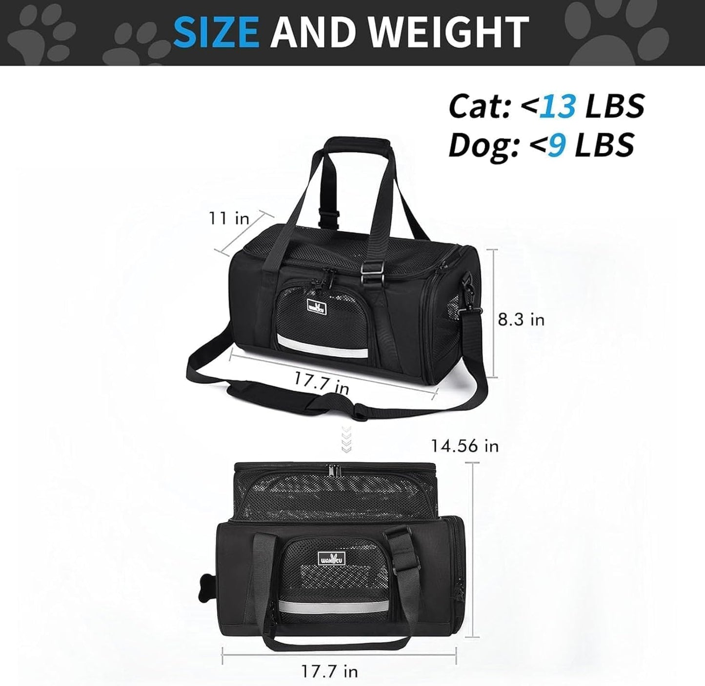 Erweiterbare Haustier-Transportbox (Flugzeugzugelassen), L 45 x B 28 x H 21 cm, 2.0 Schwarz