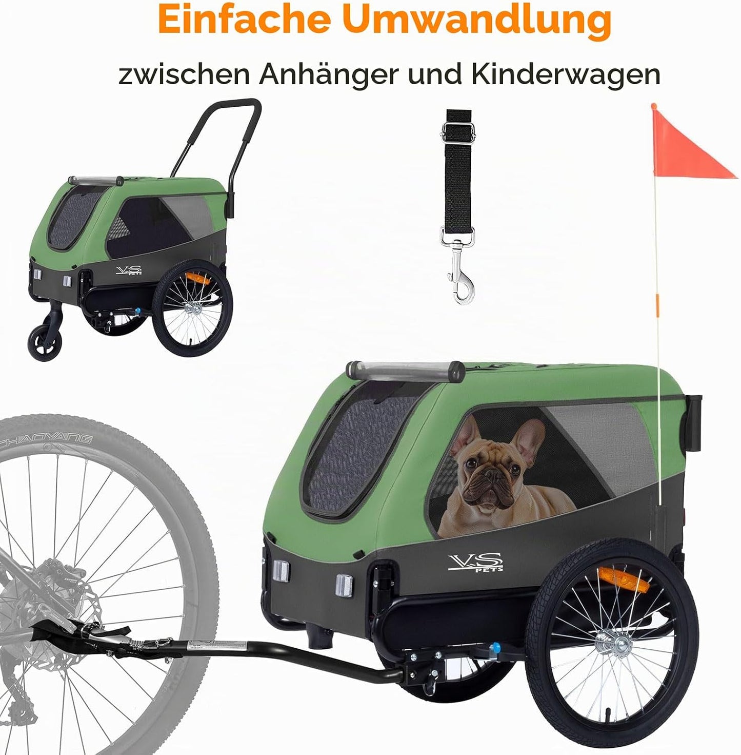 VS 2in1 Hundeanhänger & Buggy, Grün/Grau