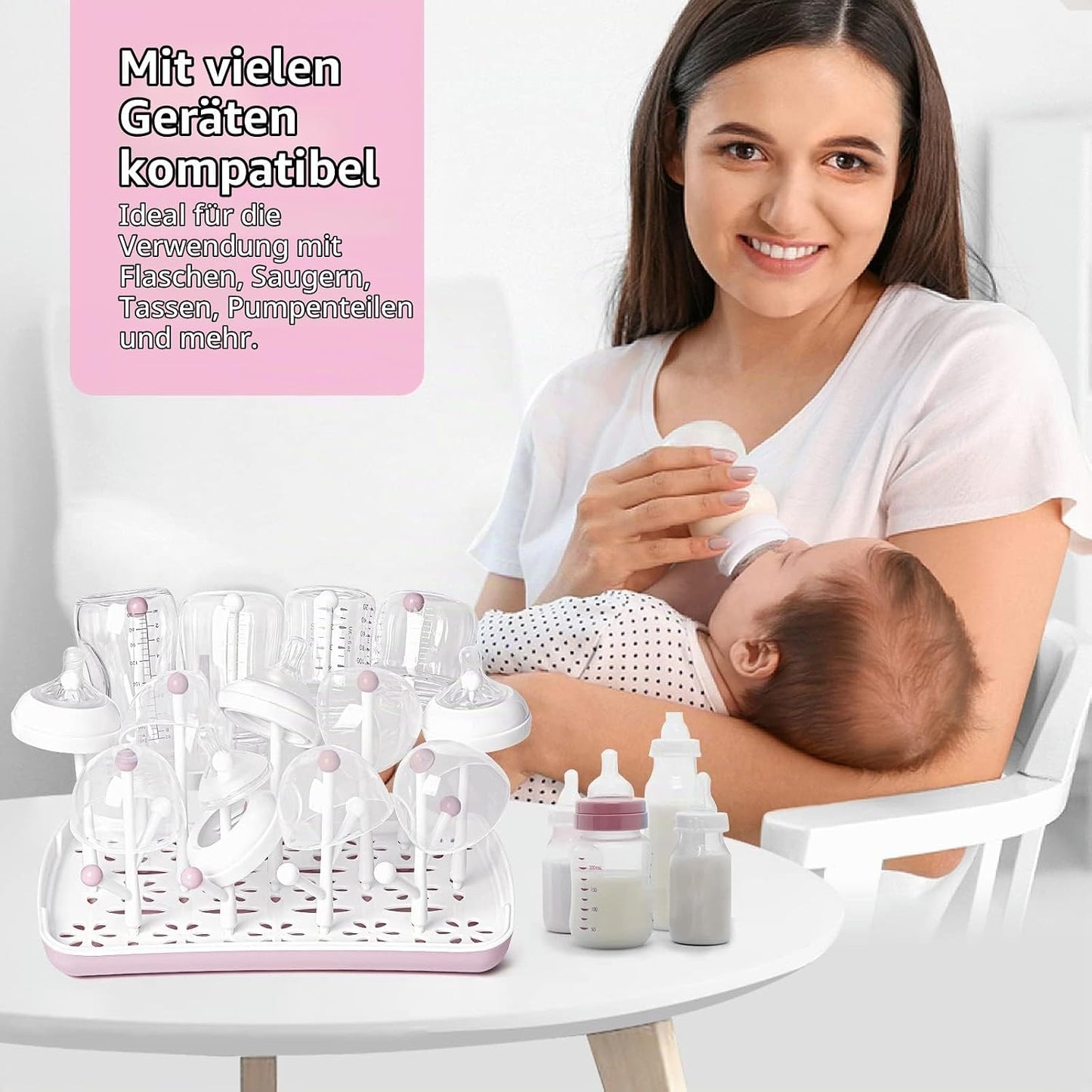 Trockenständer für Babyflaschen mit Abtropfschale, Rosa