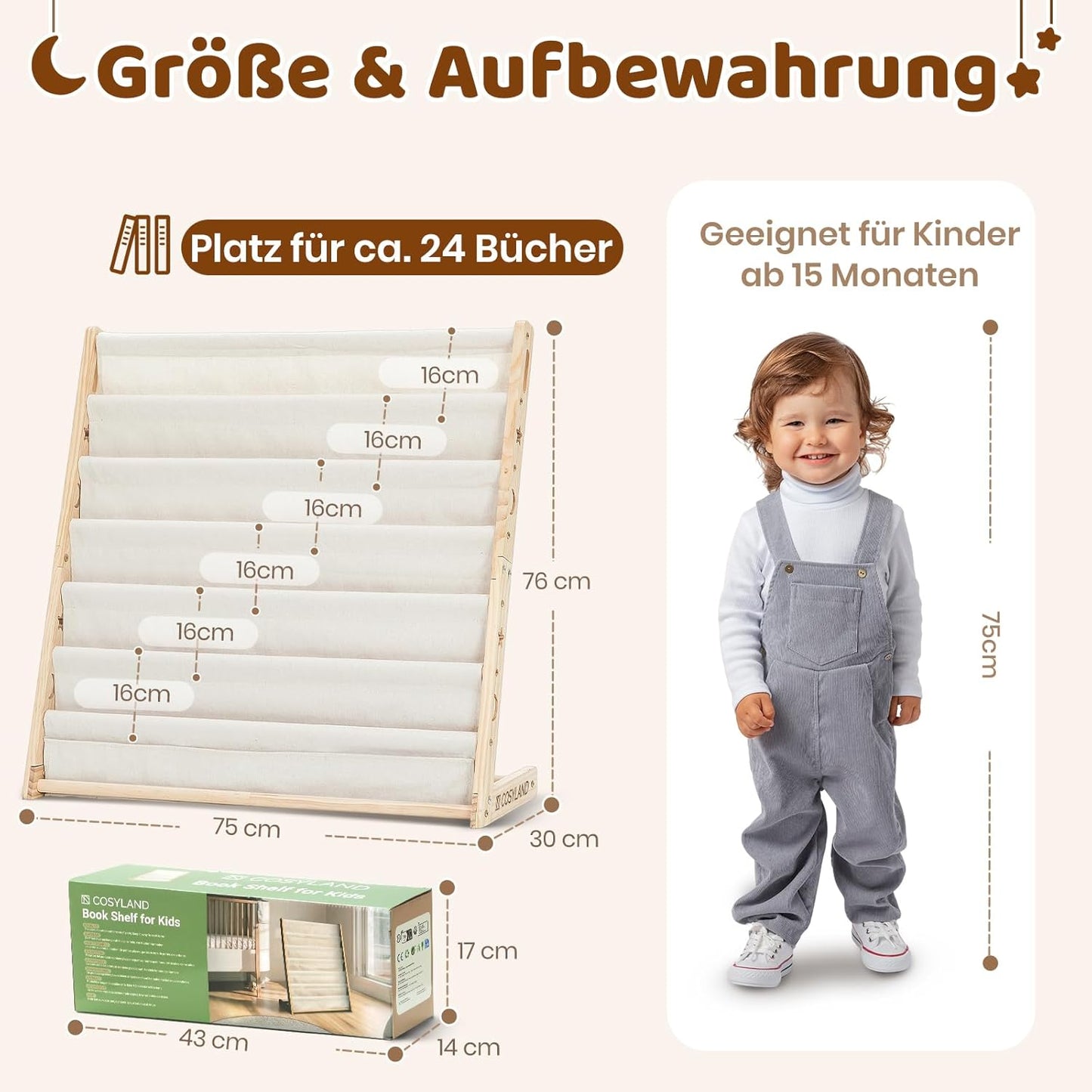 Kinderbücherregal mit Stofffächern, Naturholzfarbe X-Large