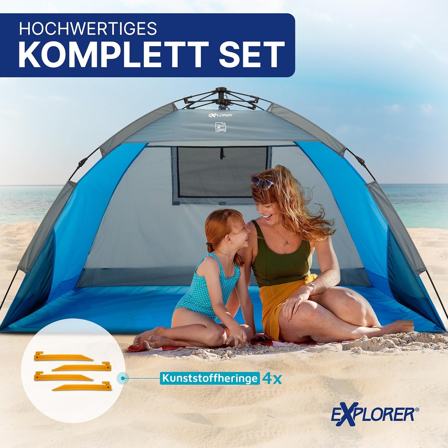 Automatik Strandmuschel mit UV-Schutz 80+, Automatik Blau