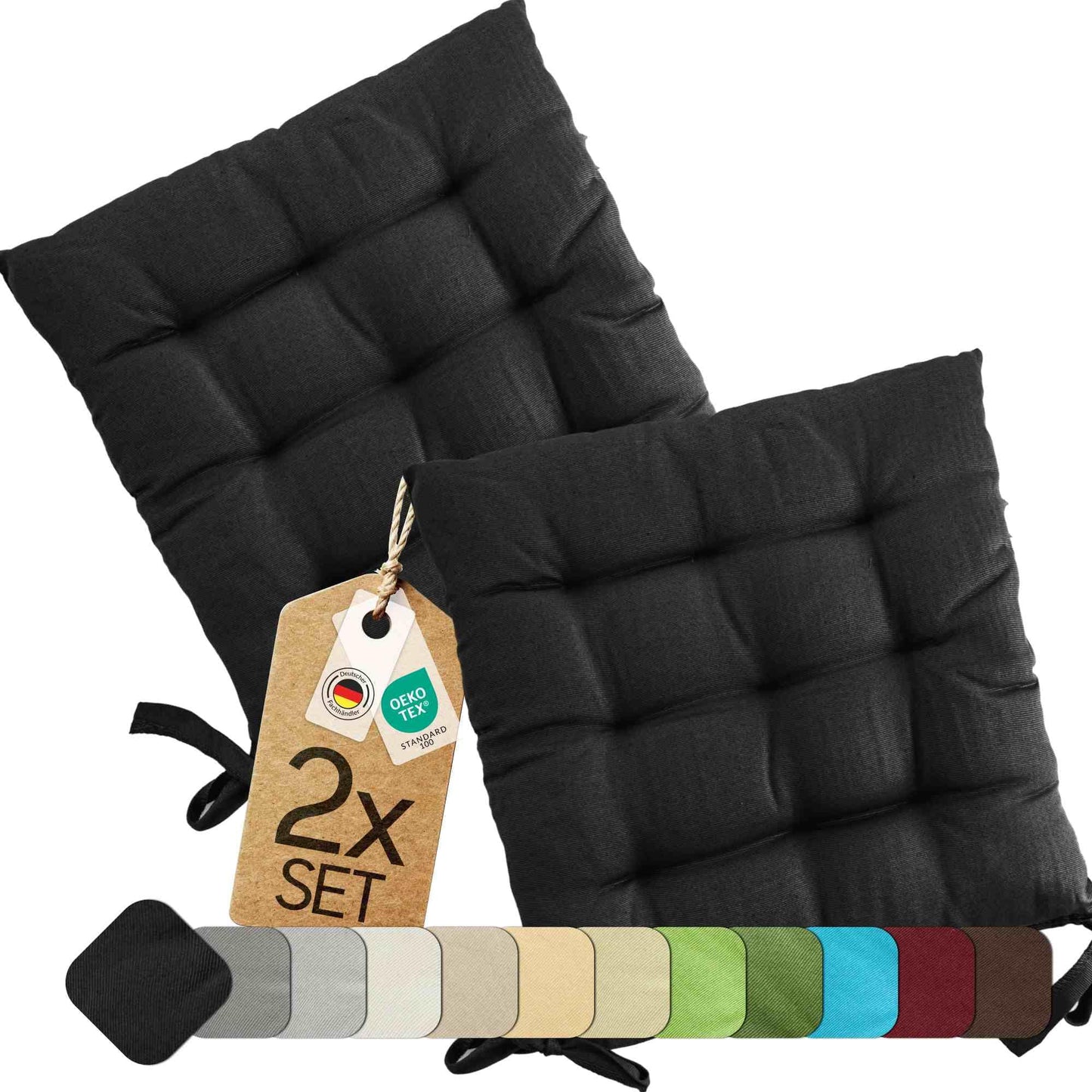 Basic Sitzkissen-Set mit Bändern (2 Stück), 2 Stück - 40x40 cm Schwarz