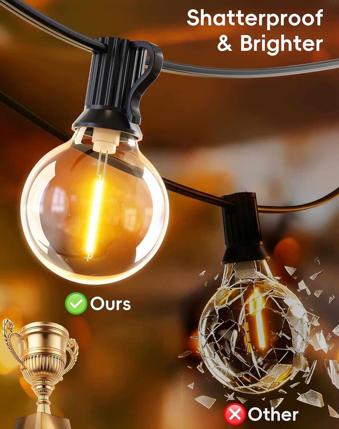 Erweiterbare LED Lichterkette mit G40 Glühbirnen, 15M/50FT