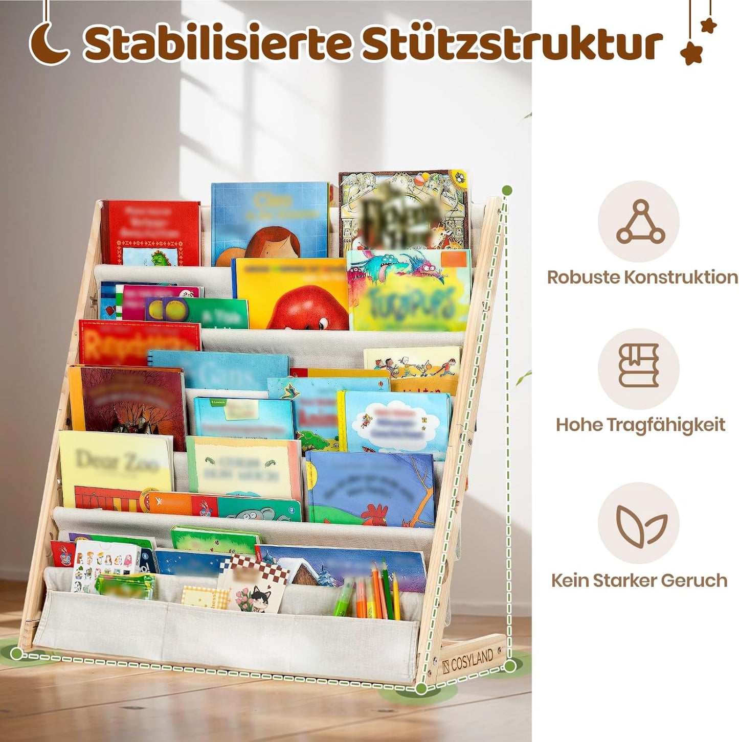 Kinderbücherregal mit Stofffächern, Naturholzfarbe X-Large