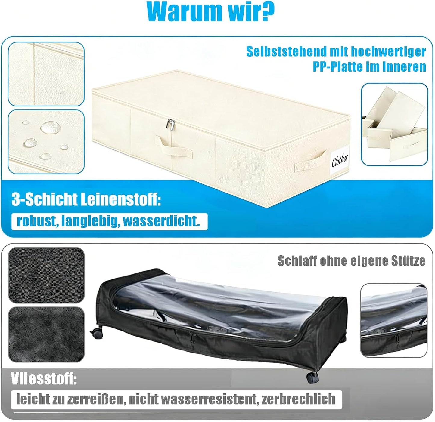 Faltbare Unterbett-Aufbewahrungsboxen 2er Set, Weiss