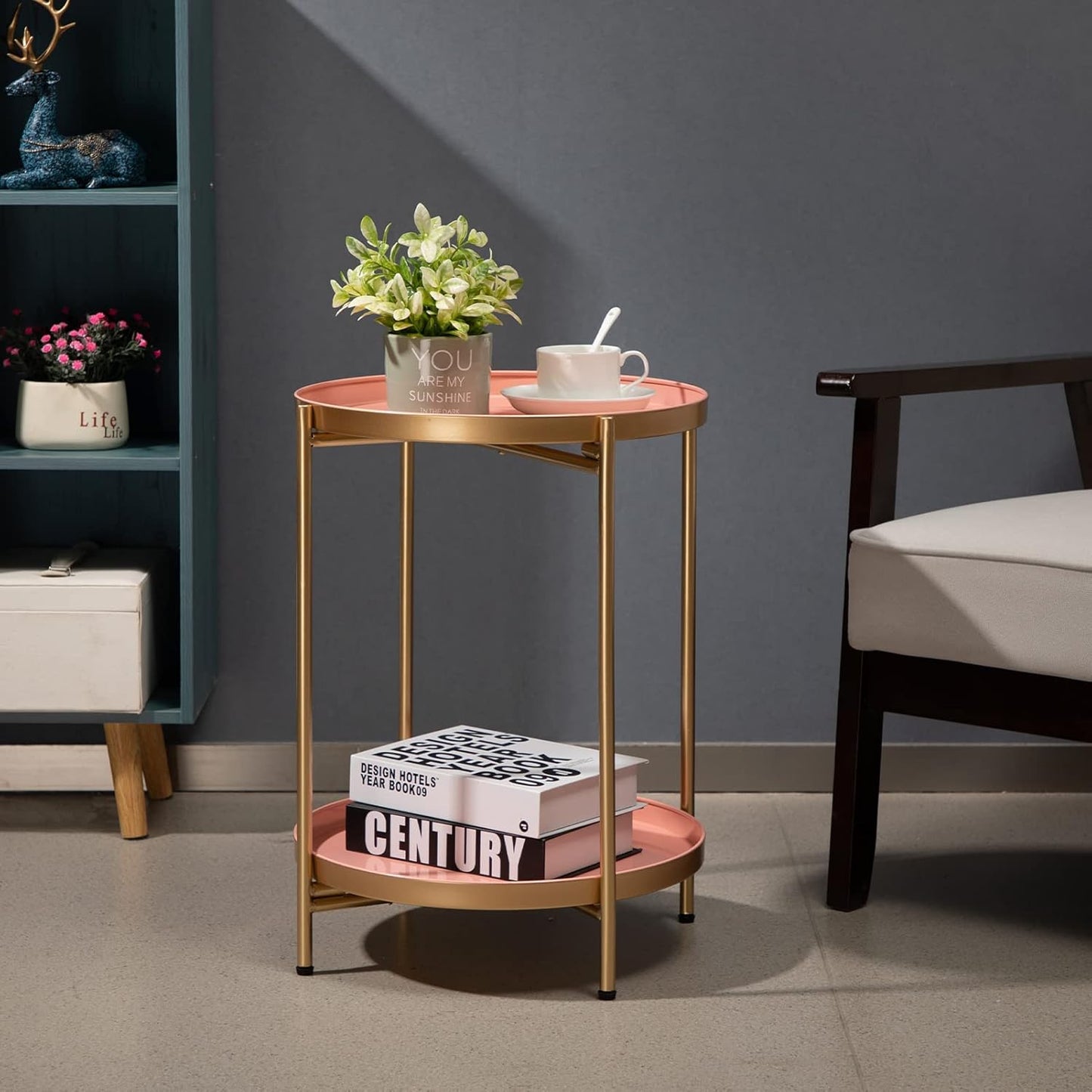 Runder Metall-Beistelltisch mit 2 Ebenen, Goldener Rosa