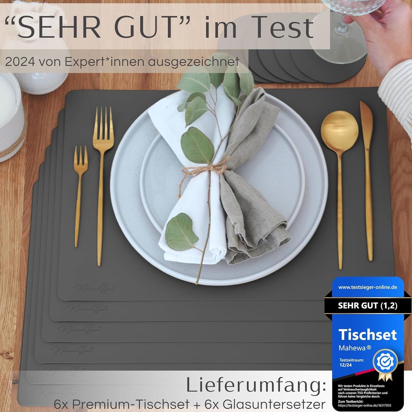 Premium Tischset aus Kunstleder (6er Set), Dunkelgrau Eckig