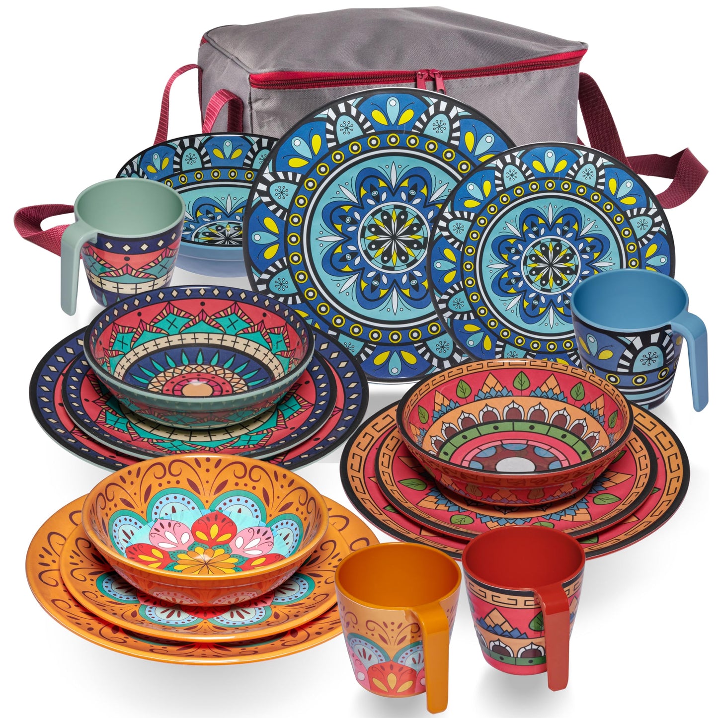 Geschirrset aus Melamin für 4 Personen, 17 Teile - Tassen+Tasche