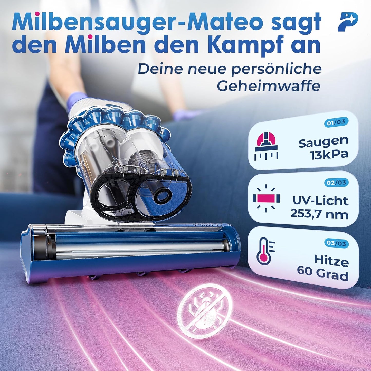 Milbensauger Mateo mit UV-Licht und HEPA Filter