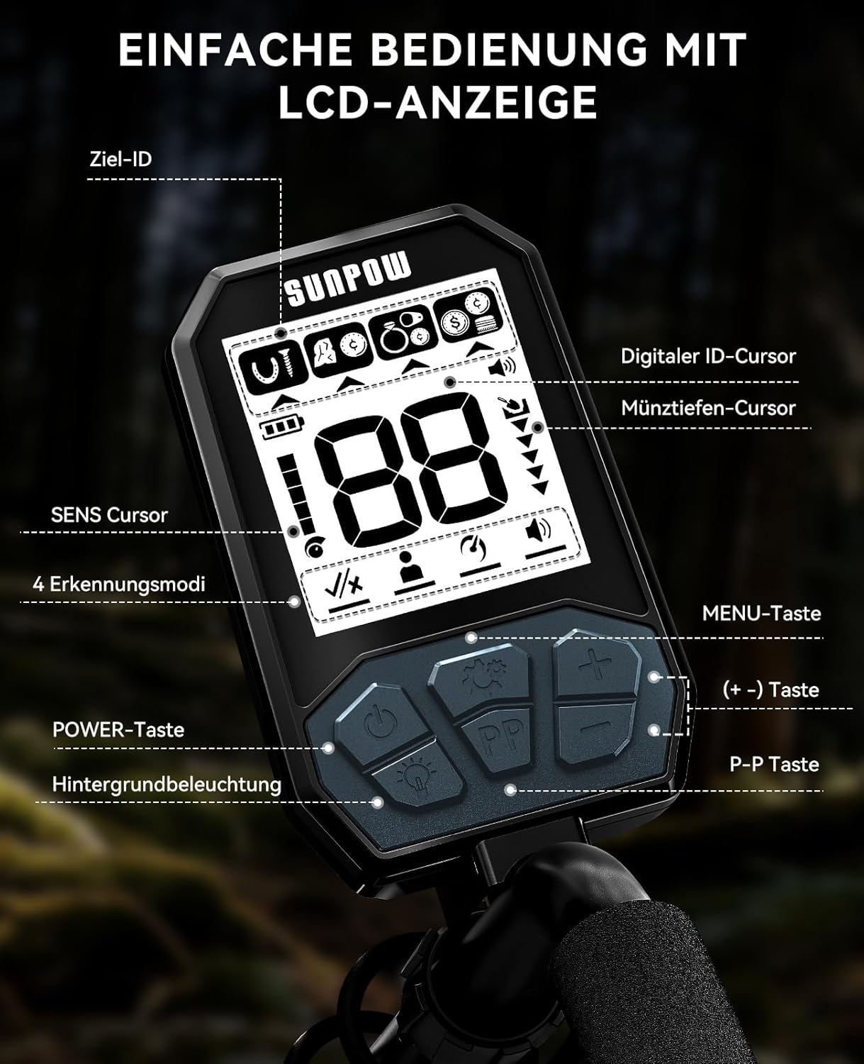 Wiederaufladbarer Metalldetektor mit LCD-Display, W-Schwarz