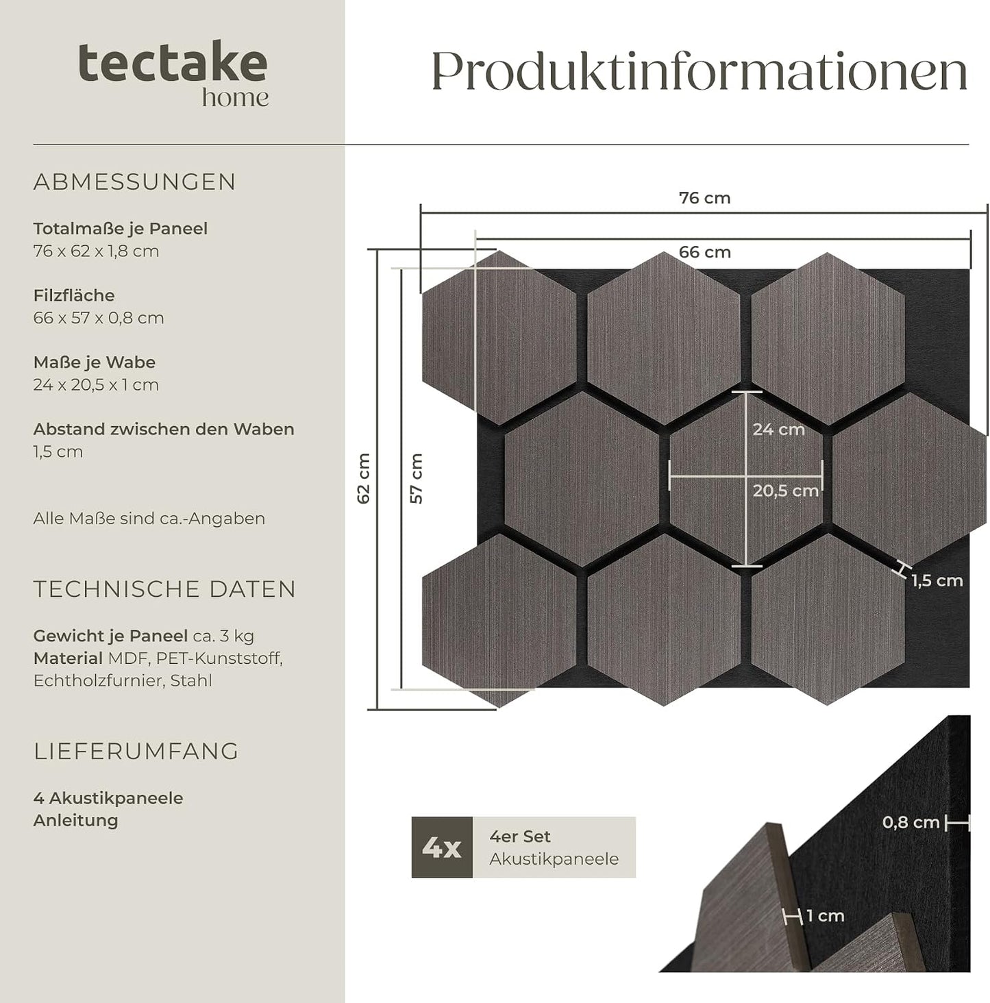 4er-Set Akustikpaneele, 4er Set Eiche Grau