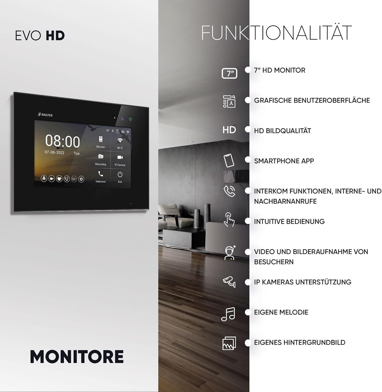 4 Familien EVO-HD Video Türsprechanlage mit 7" Monitor und App-Steuerung, 4 Familienhaus, mit App C.schwarz/Schwarz