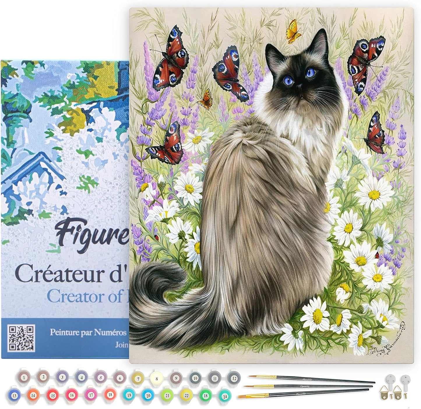 Malen nach Zahlen Set - Katze & Schmetterlinge, Katze und Schmetterlinge 40x50cm Mit Rahmen (bereits gespannt)