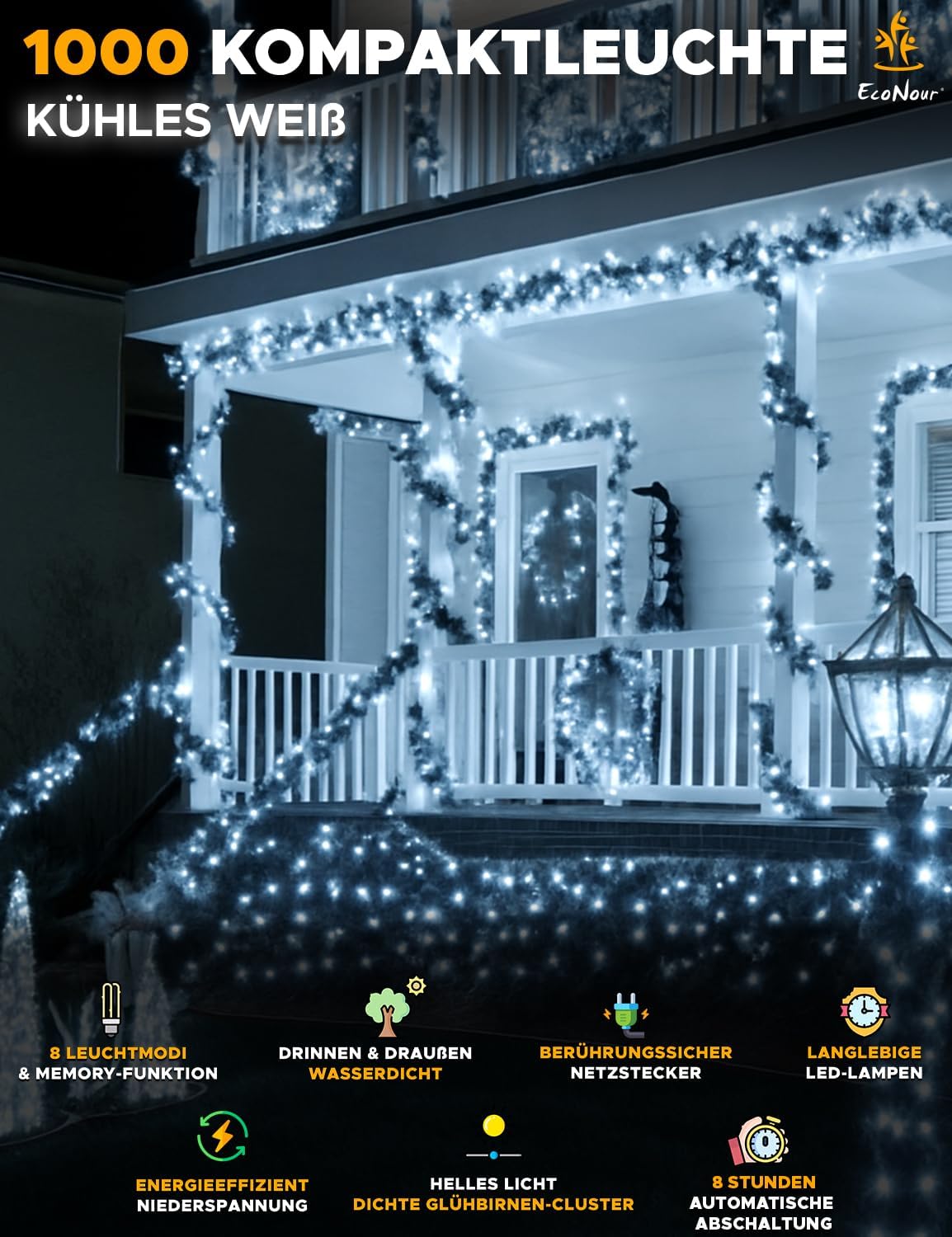 Cluster-Lichterkette mit 1000 LEDs, Timer und Speicherfunktion, Kaltweiss 1000