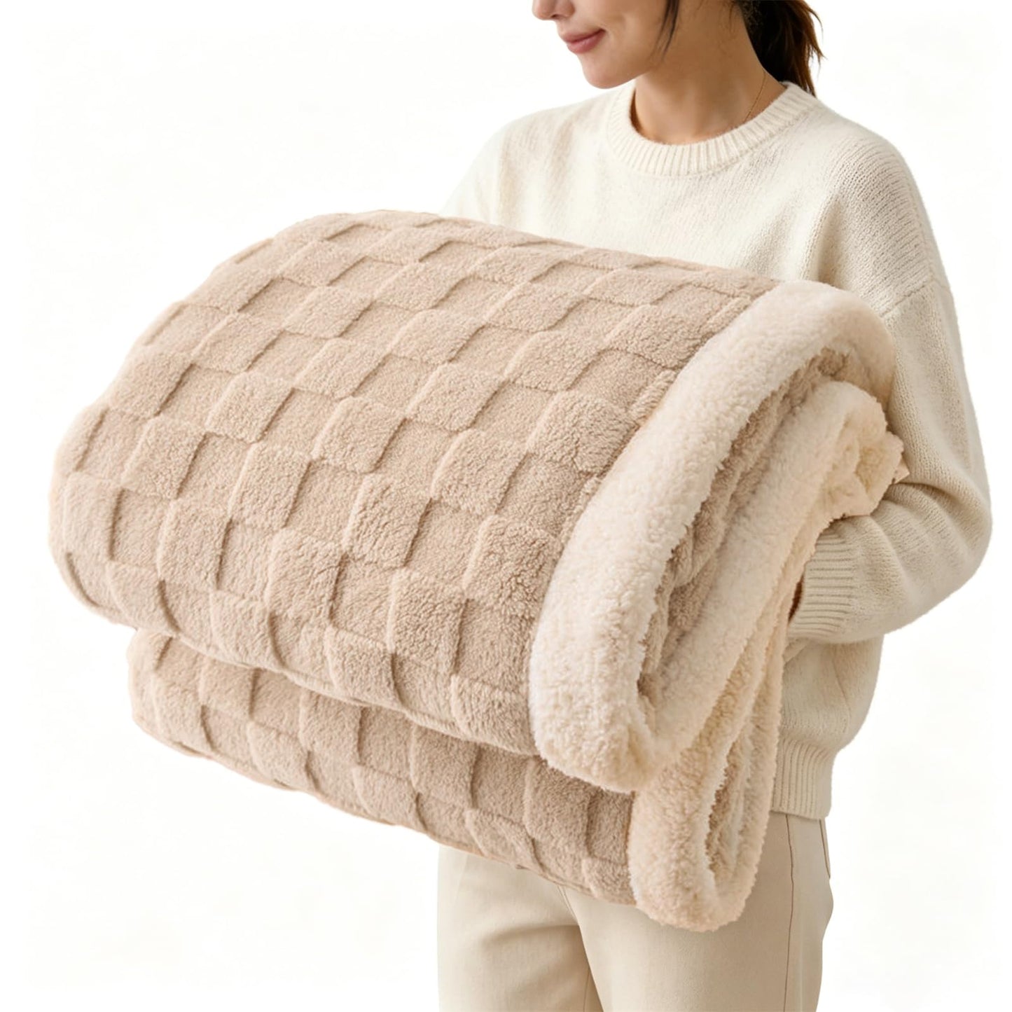 Doppellagige Sherpa-Fleecedecke 150x200 cm, 60"*80" Beige-2