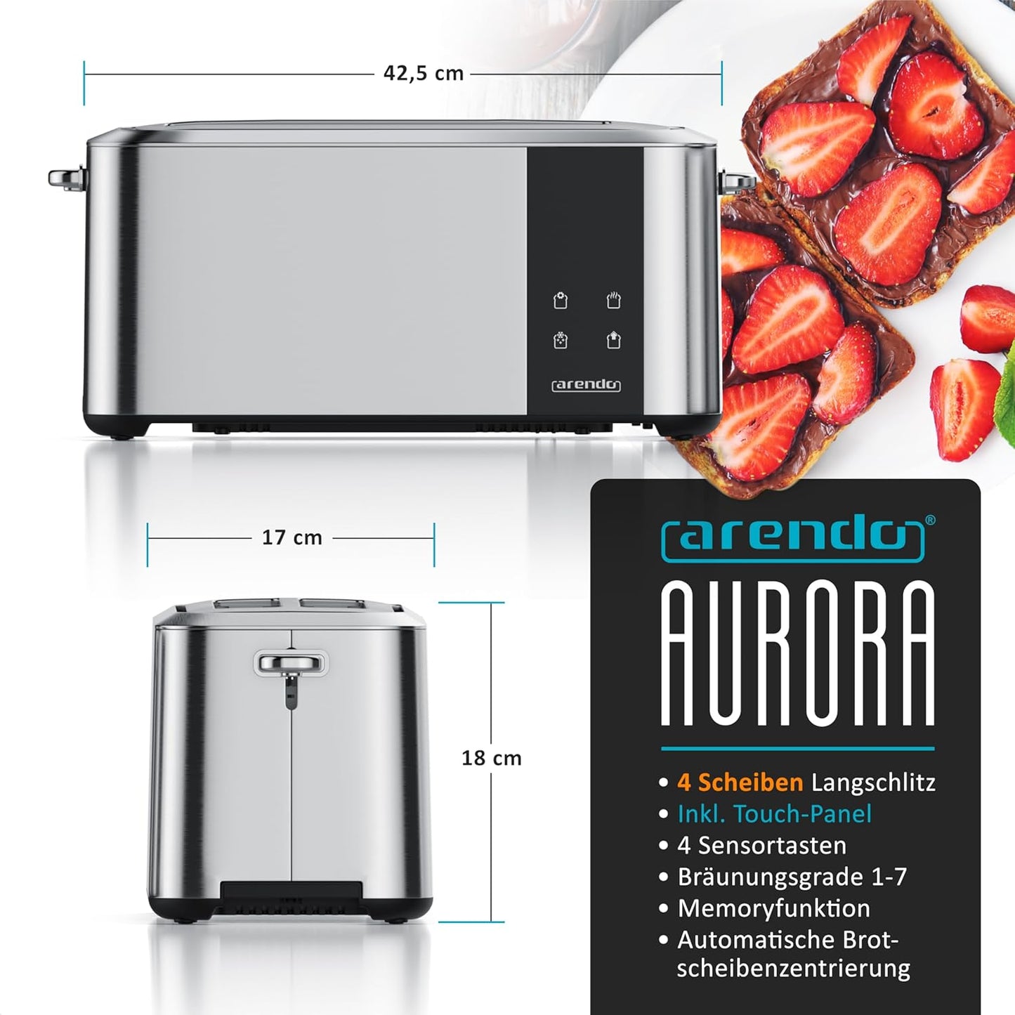 Langschlitz-Toaster Aurora mit Touchscreen und Brötchenaufsatz, A: Silber