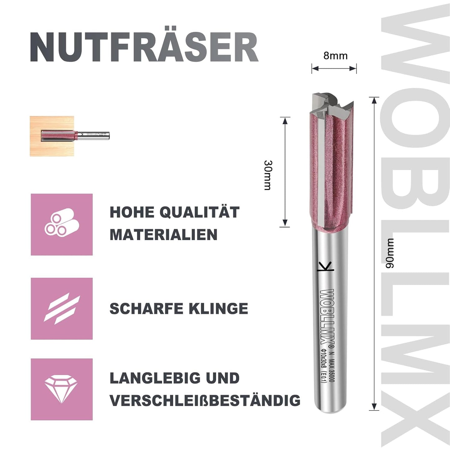 3-Klingen-Nutfräser für Holzarbeiten, Ø:8mm L:30mm TL:90mm