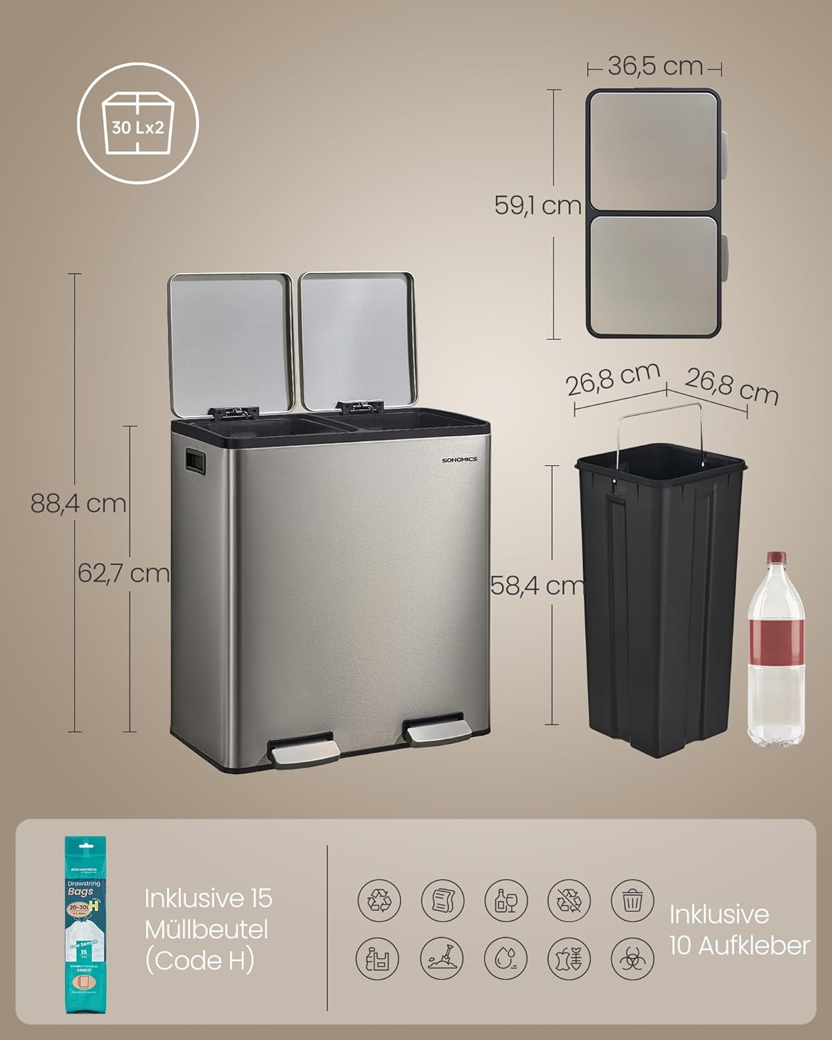 Tretmülleimer mit Softclose-Deckel, silbern 2 x 30 L