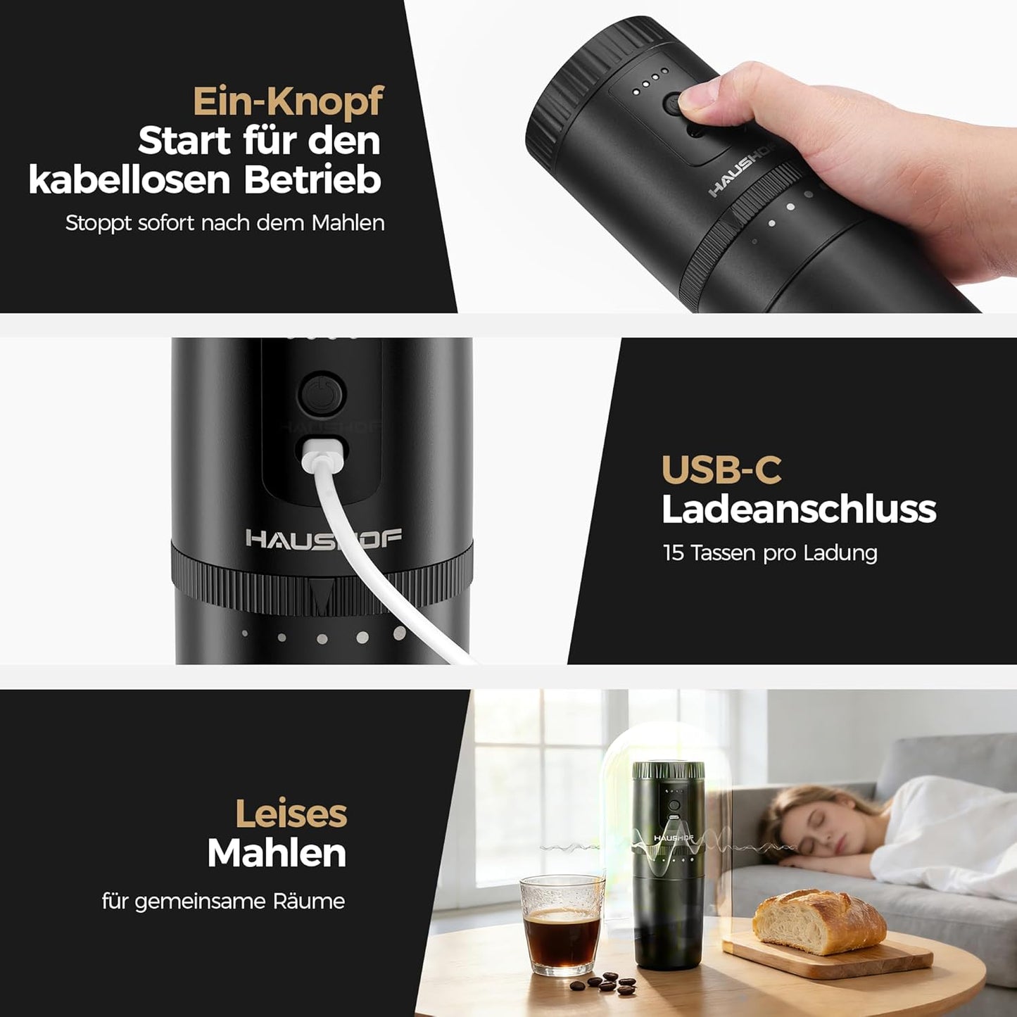 Elektrische Kaffeemühle mit Thermobecher, Schwarz
