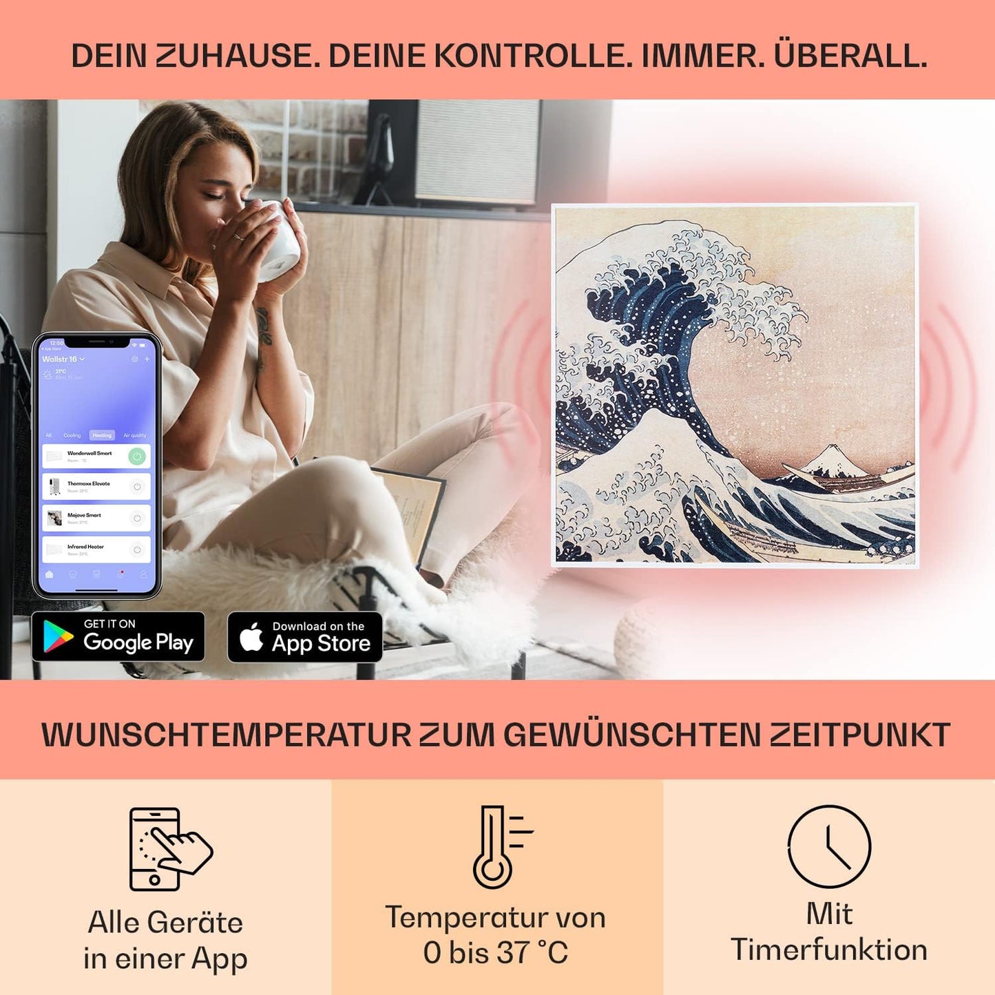 Infrarotheizung, Blaue Welle - Weiss ; 60 x 60 cm - 350 W