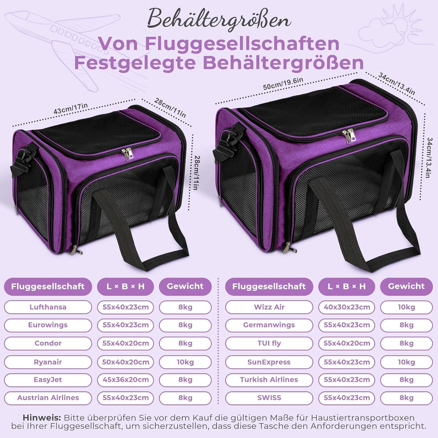 Faltbare Haustier-Transporttasche, 43 x 28 x 28cm Lila