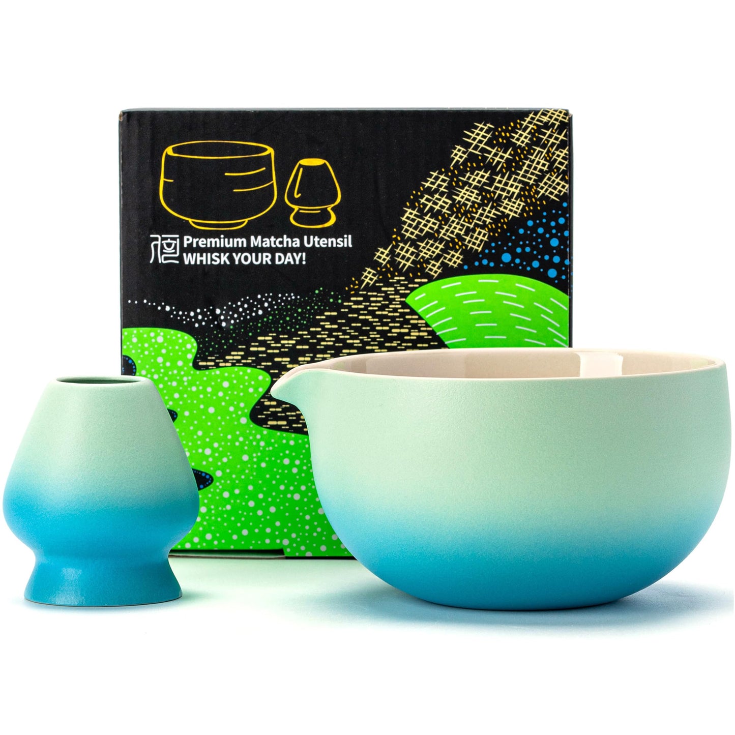 Matcha-Schüssel mit Schneebesenhalter, Farbverlauf Blau