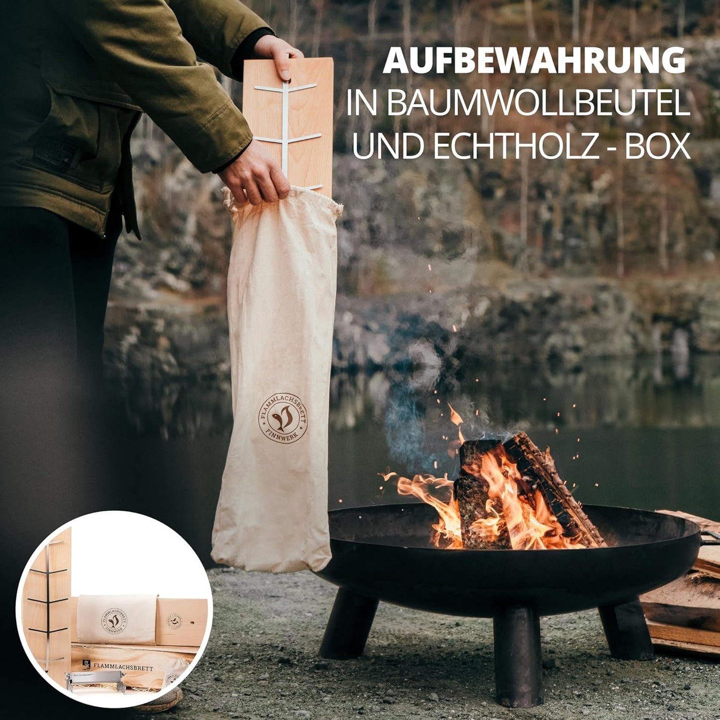 Flammlachsbrett mit Edelstahlhalterung, 2er Set Geschenkset - Weiß
