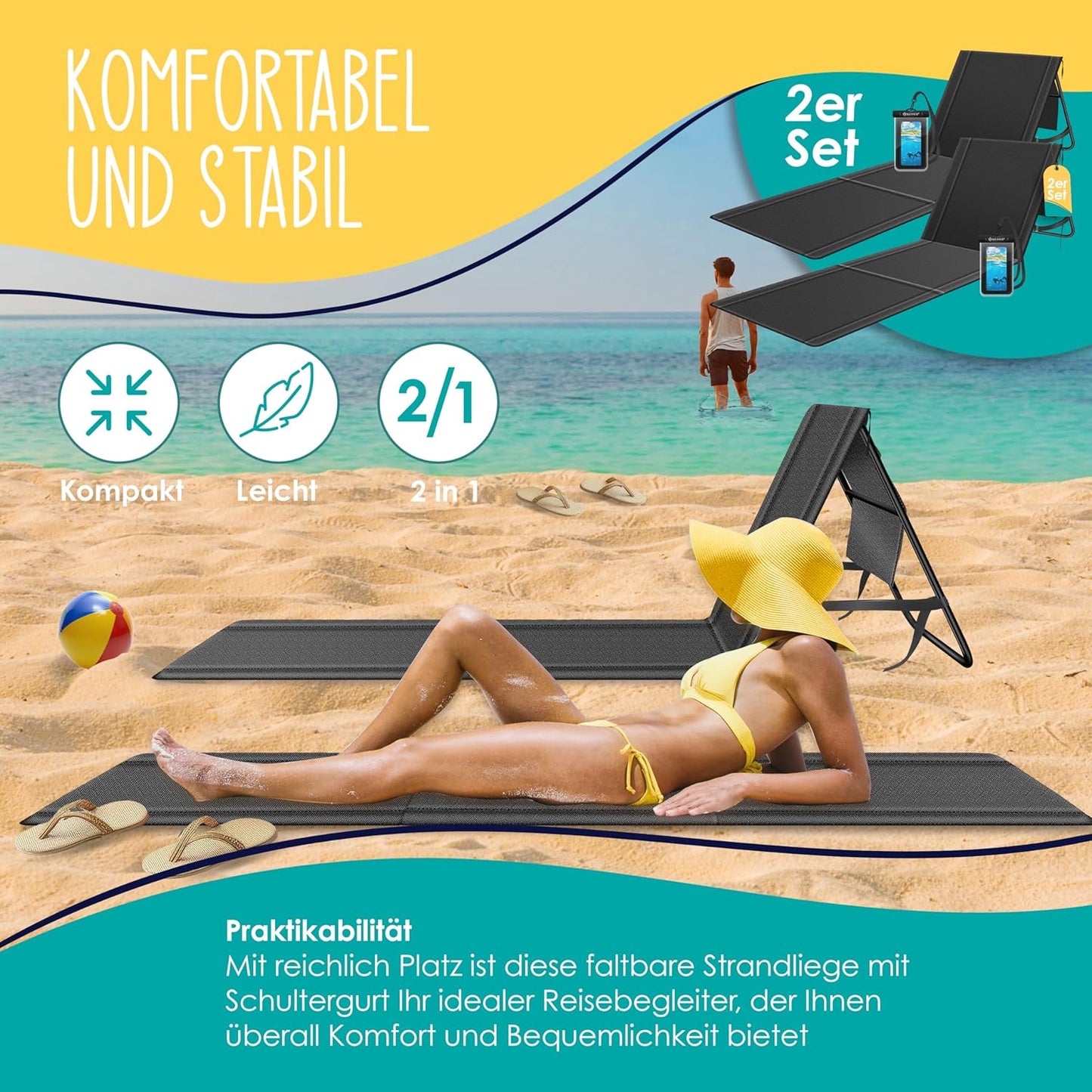 Klappbare Strandmatte mit verstellbarer Rückenlehne und Tragegurt 2er-Set, 2 Stück Schwarz