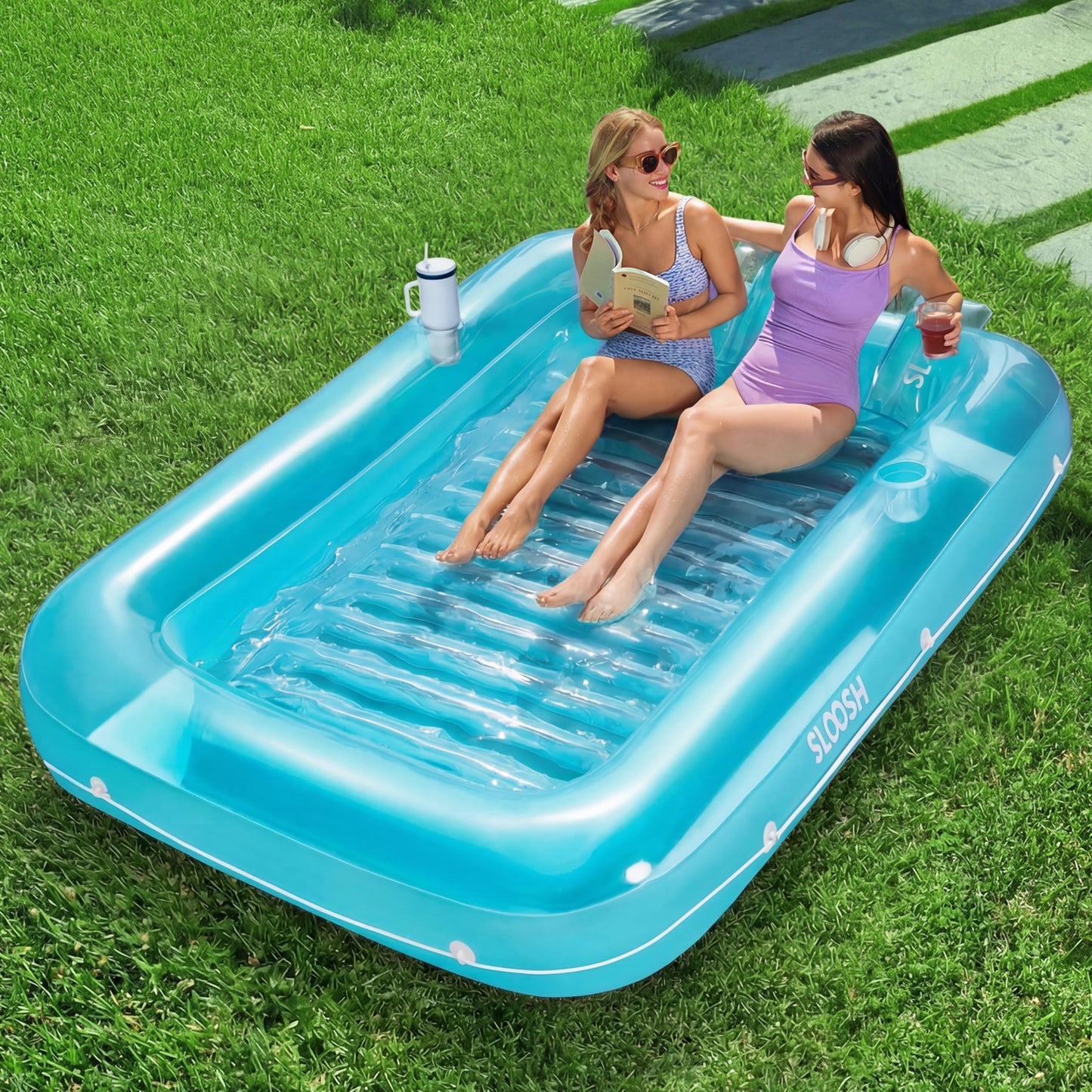 Aufblasbarer Sonnenpool mit abnehmbarem Kissen und Getränkehalter, Blau XL