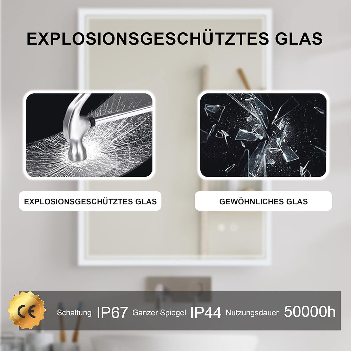 LED-Badezimmerspiegel 50x70cm dimmbar mit Touchschalter, 70L x 50B cm, 1 Touchschalter + 3 Lichtfarben