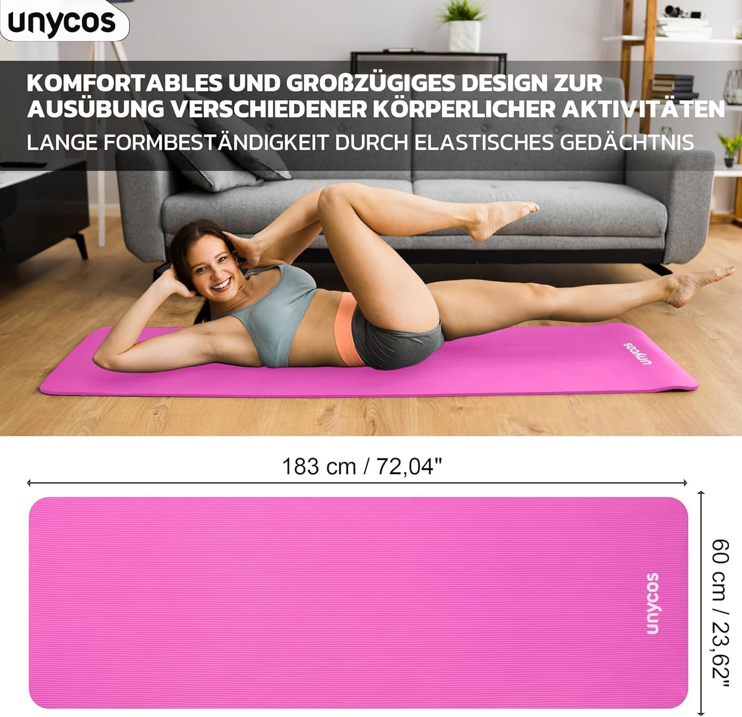Rutschfeste Fitnessmatte mit Tragegurt, #15 Dunkelrosa 183*60*1.5 cm