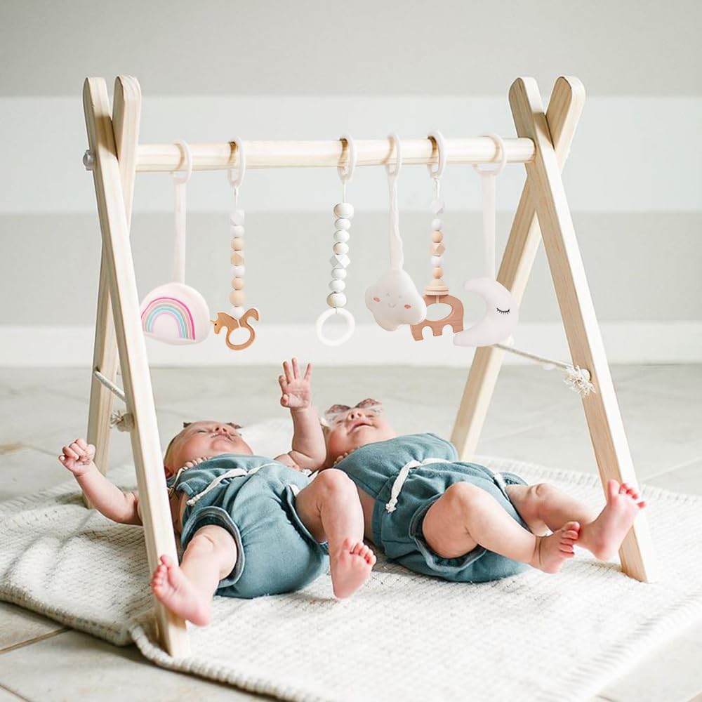 Faltbarer Baby-Spielbogen mit 6-teiligem Spielzeug-Set, Baby-Spielbogen aus Holz