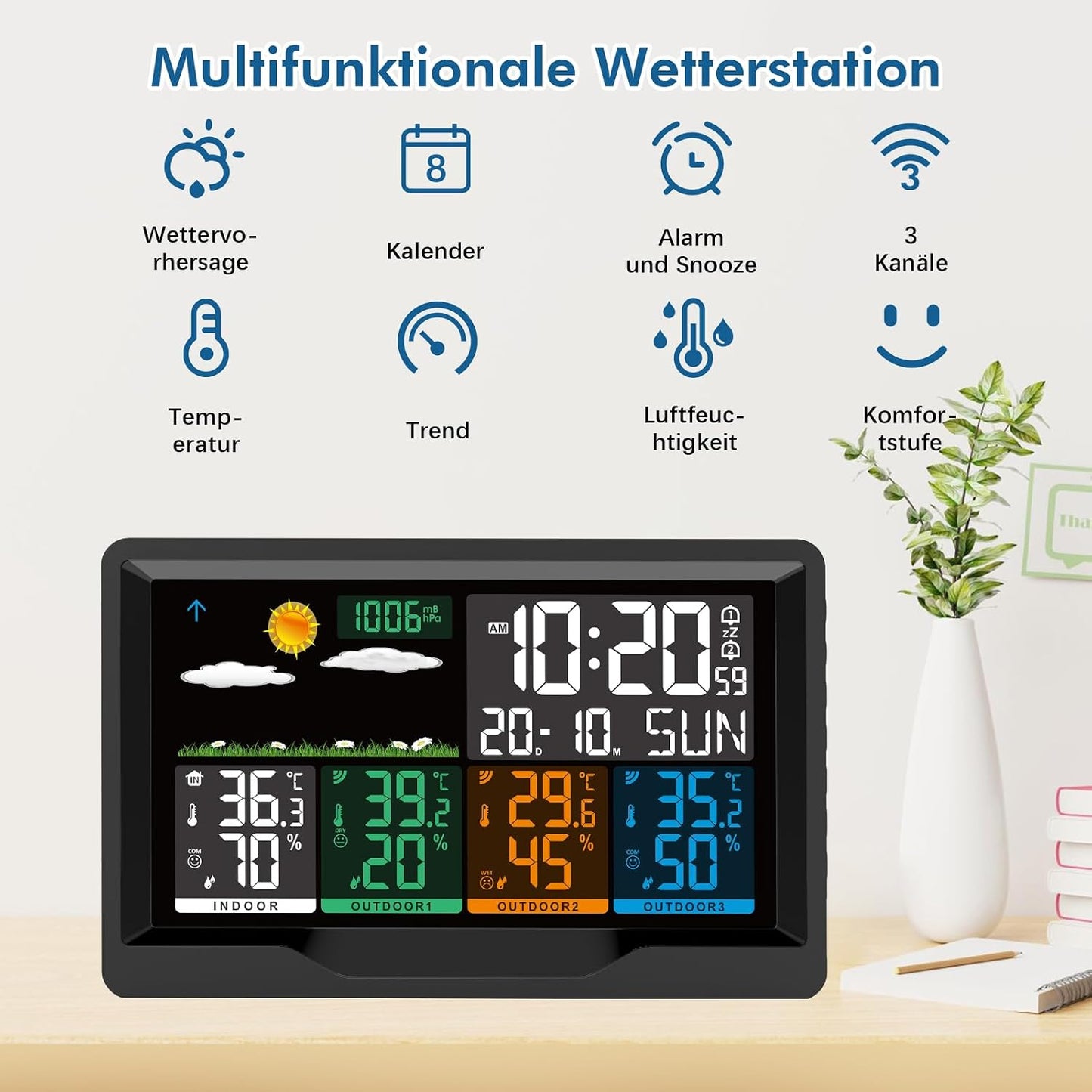 Funk-Wetterstation mit 3 Aussensensoren, Mattschwarz