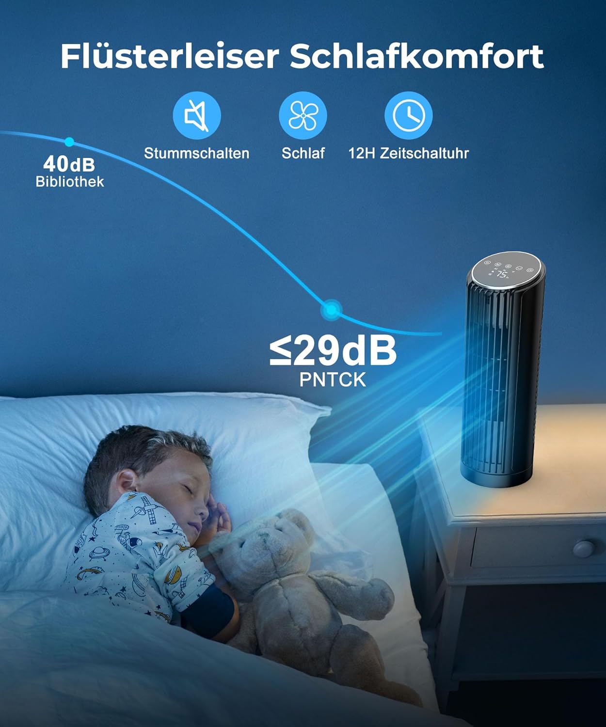 Turmventilator mit Fernbedienung und Timer, Schwarz