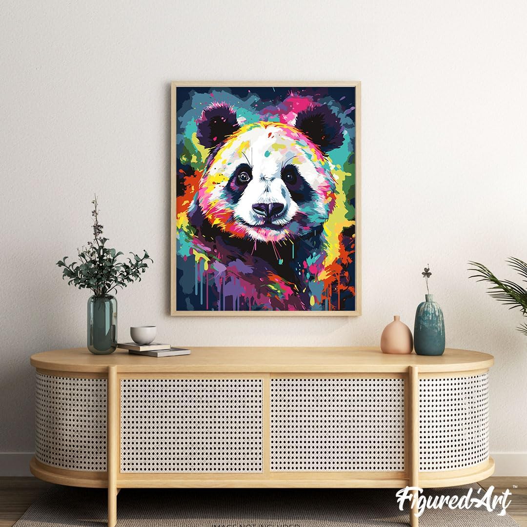 Malen nach Zahlen Set mit Rahmen (Panda), Panda Farbenfroh Abstrakt 40x50cm Mit Keilrahmen (nicht gespannt)