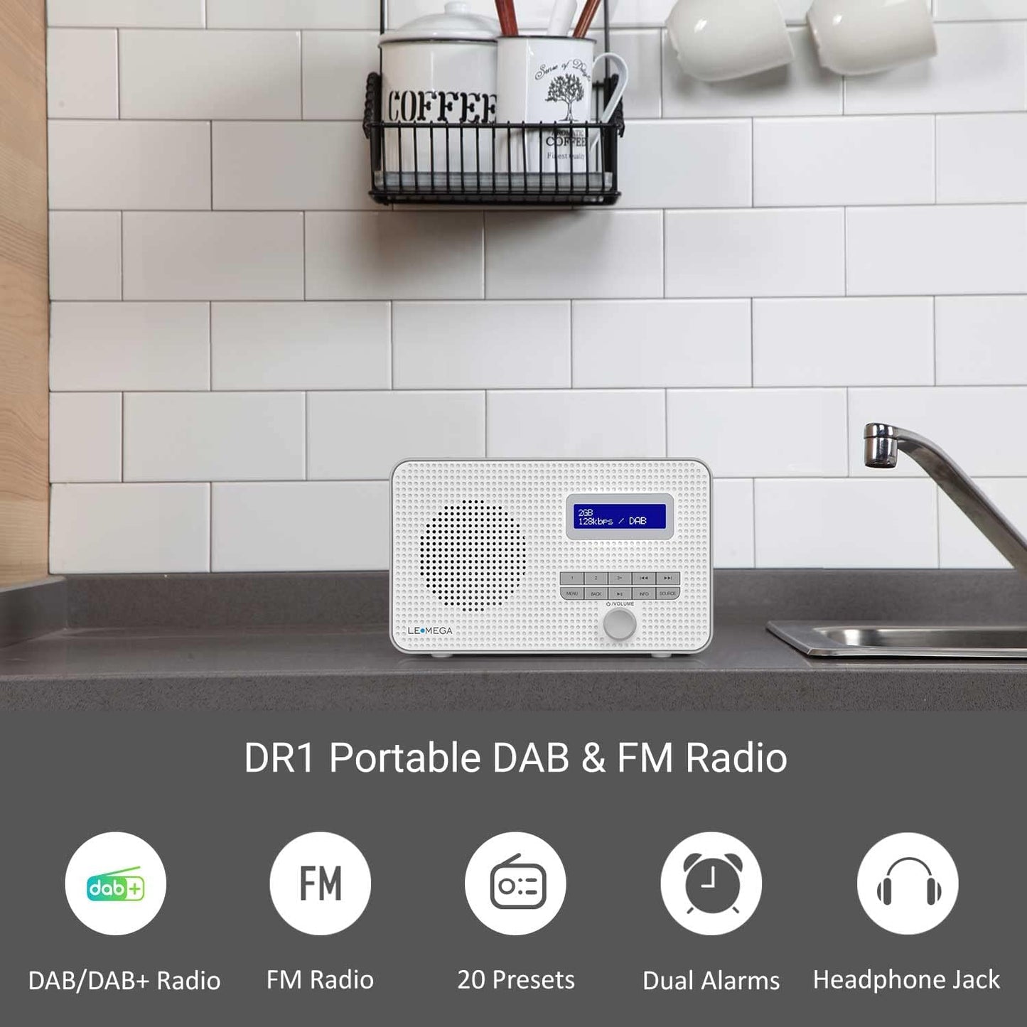 Tragbares Digitalradio mit Wecker, DR1-Grau