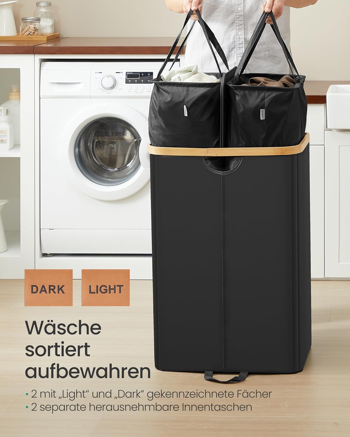 Wäschekorb mit 2 Fächern und Deckel, Tintenschwarz + Naturbeige