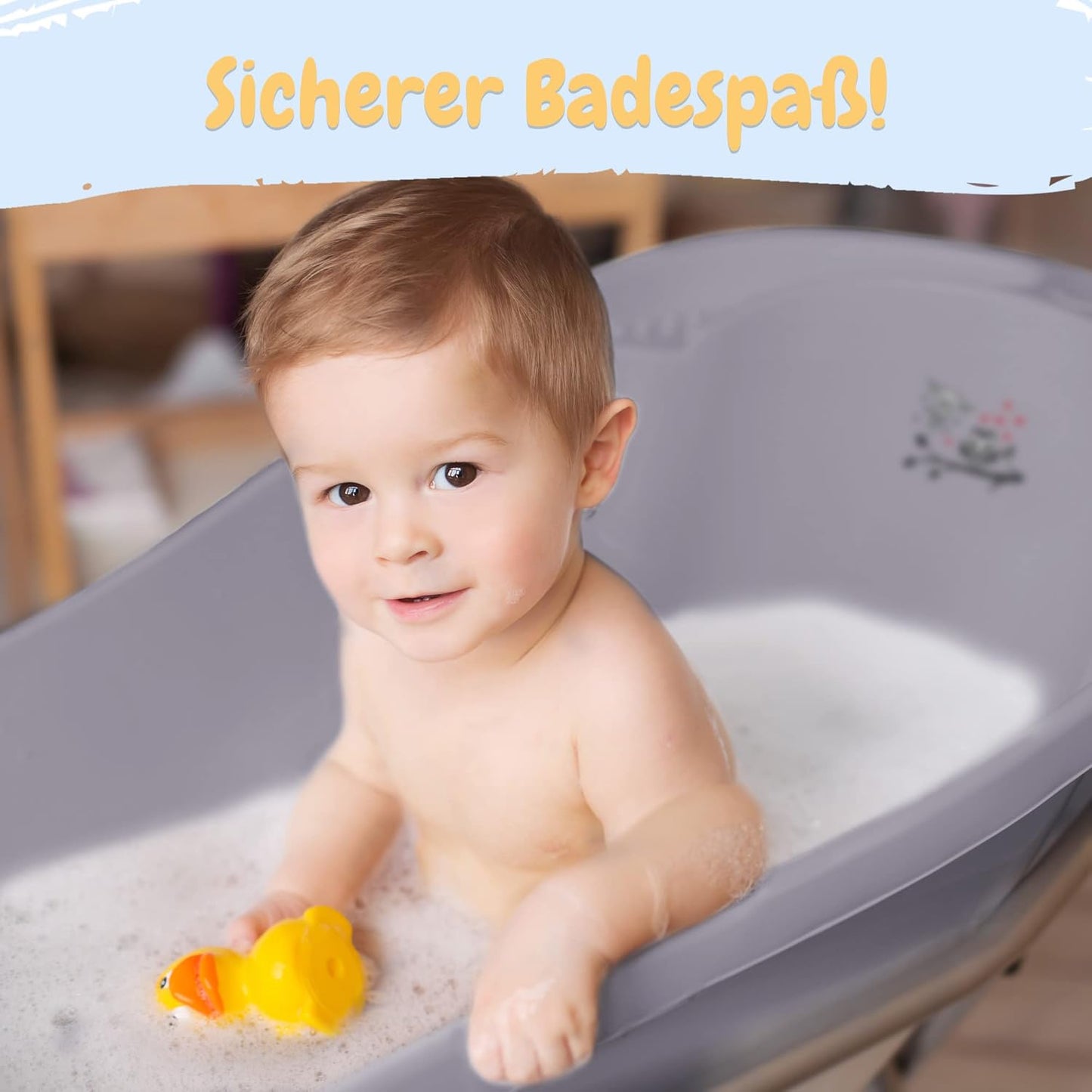 Babybadewanne mit Stöpsel, BPA-frei, 86 cm, Eule Grau 1 - Set